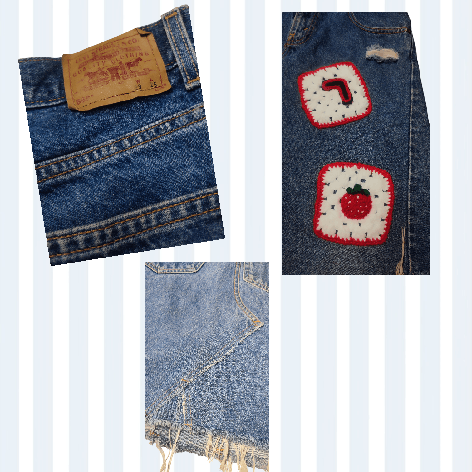 Handmade × Levi's Vintage Clothing Midi skirt Levi's custom made Granny Square crochet patches Size 29" - 4 Thumbnail