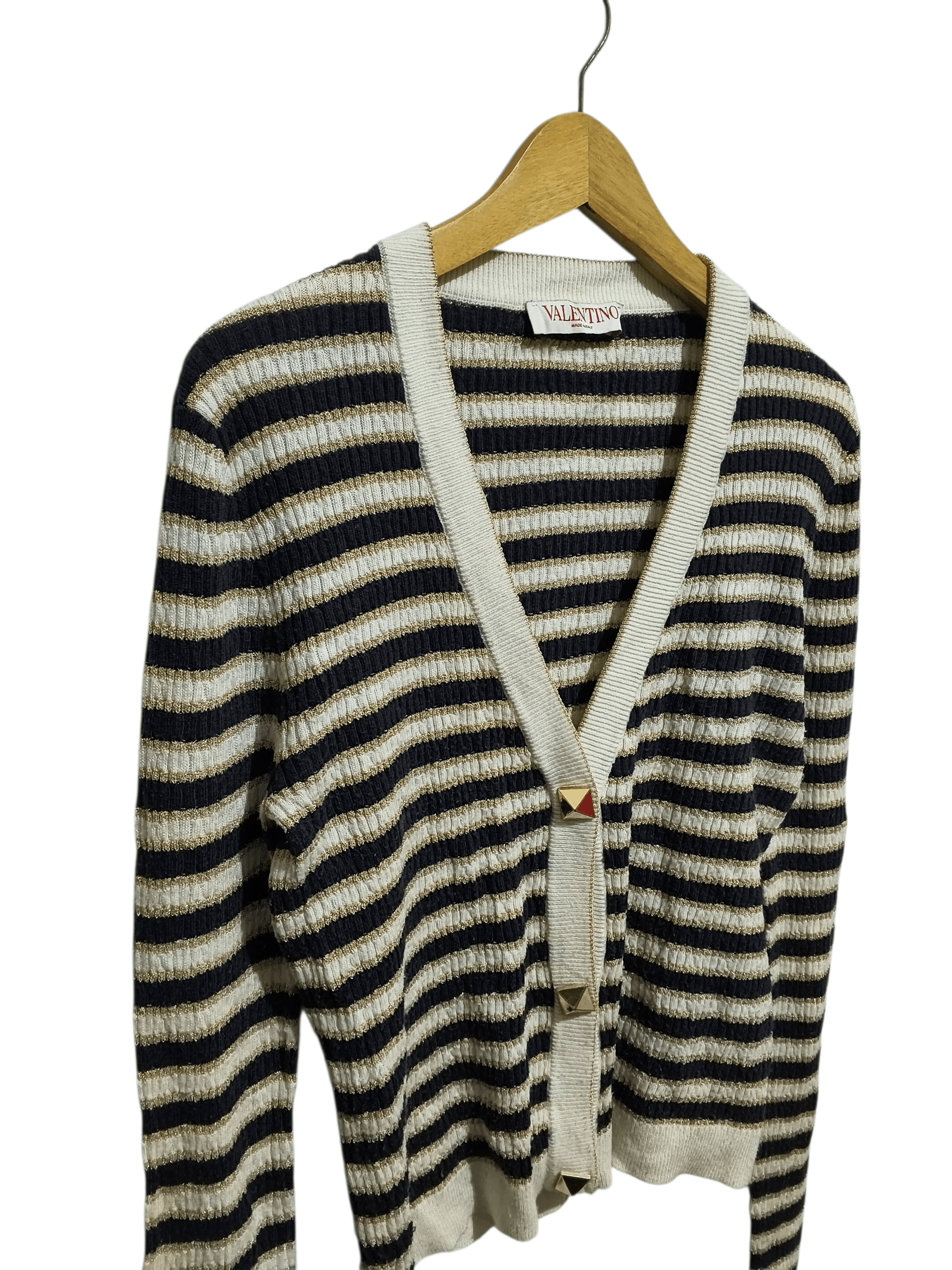 Valentino 🔥Valentino Navy,Cream & Gold Lurex Striped Cropped Cardigan Size M / US 6-8 / IT 42-44 - 9 Thumbnail