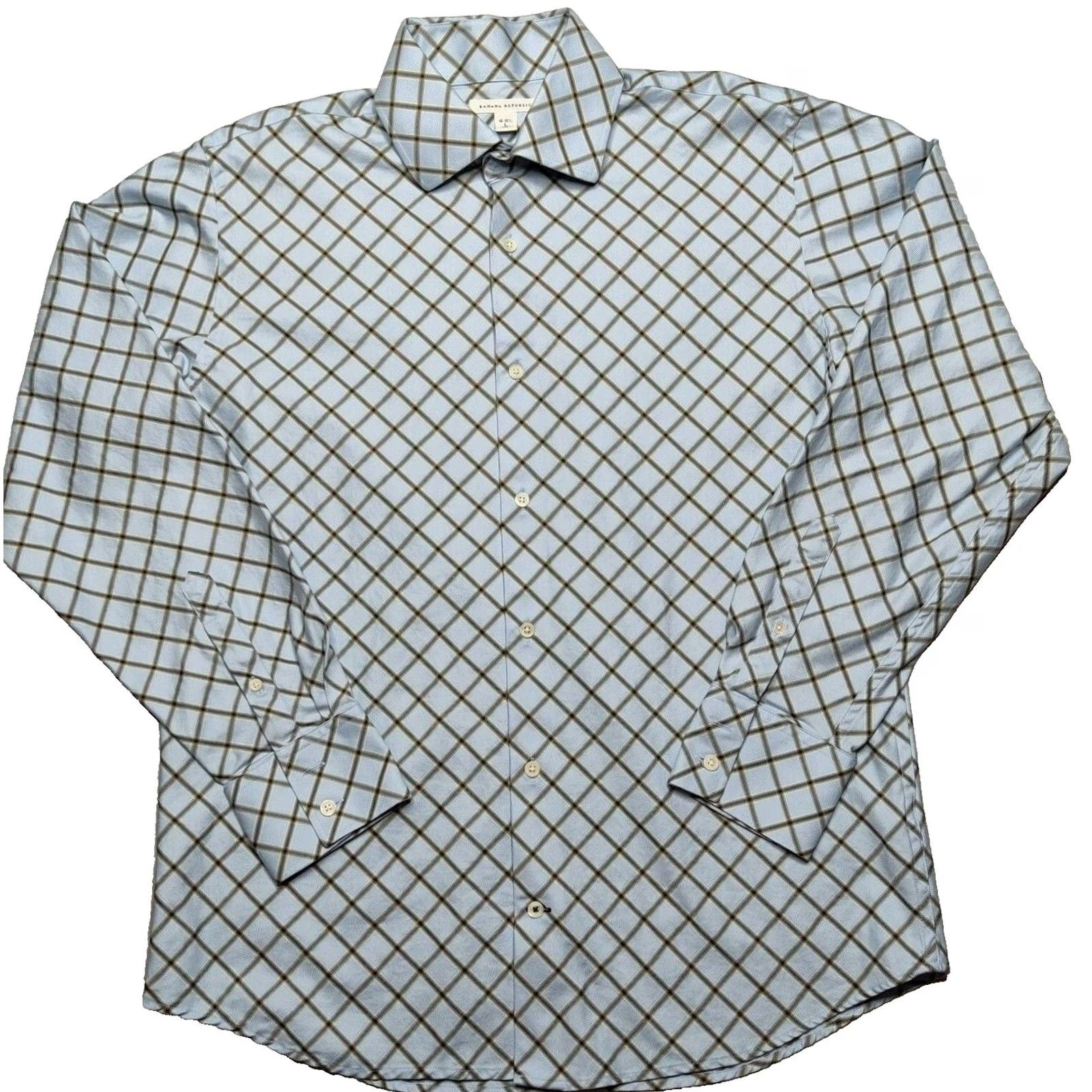Banana Republic Banana Republic Men Large (16-16.5) Blue Diagonal Check Cotton Button Shirt L/S Button-Down Collar Mens Regular Fit) Size US L / EU 52-54 / 3 - 2 Thumbnail