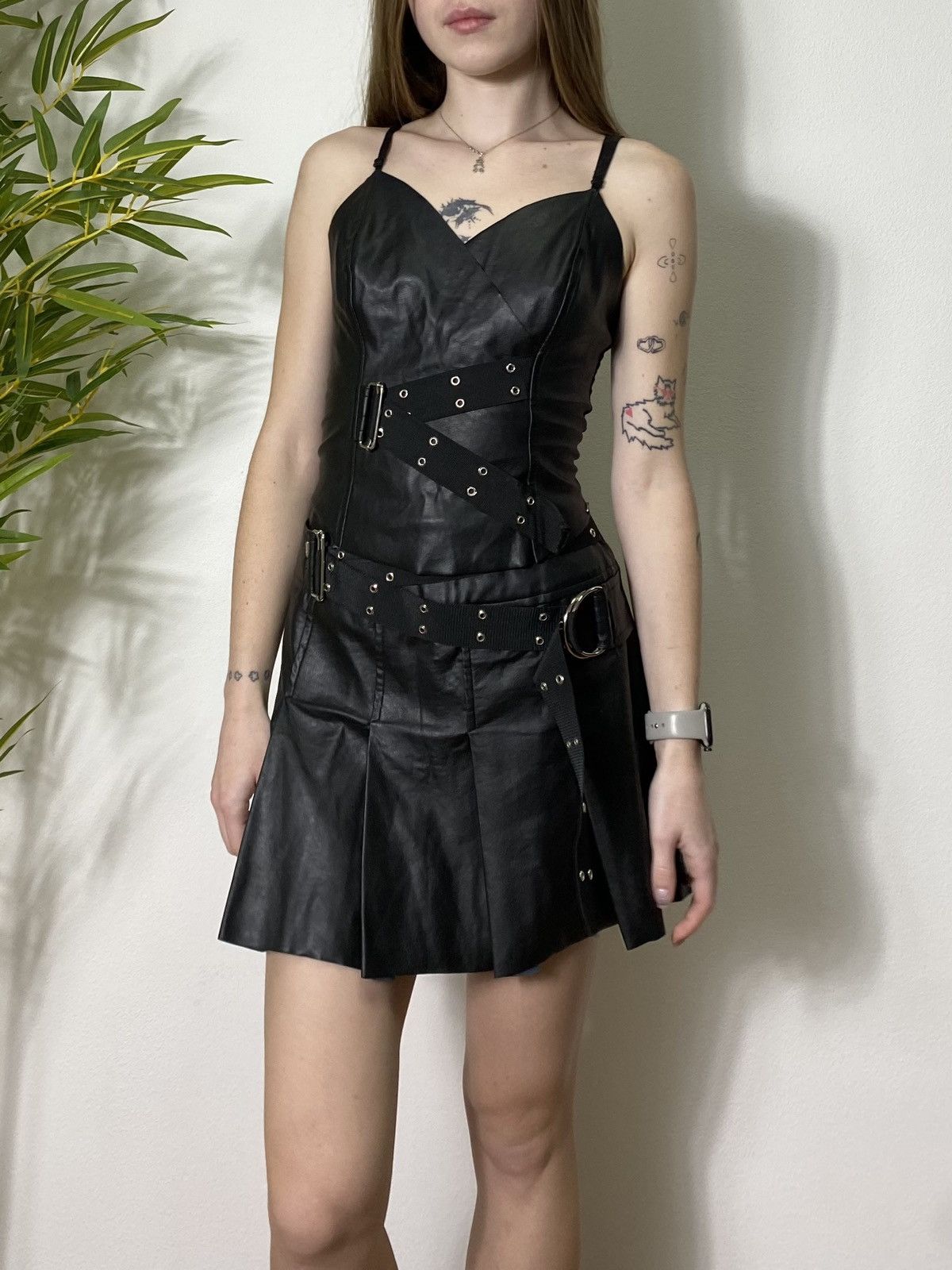 VINTAGE MORGAN FRANCE GRUNGE LEATHER SKIRT+TOP SET SUIT