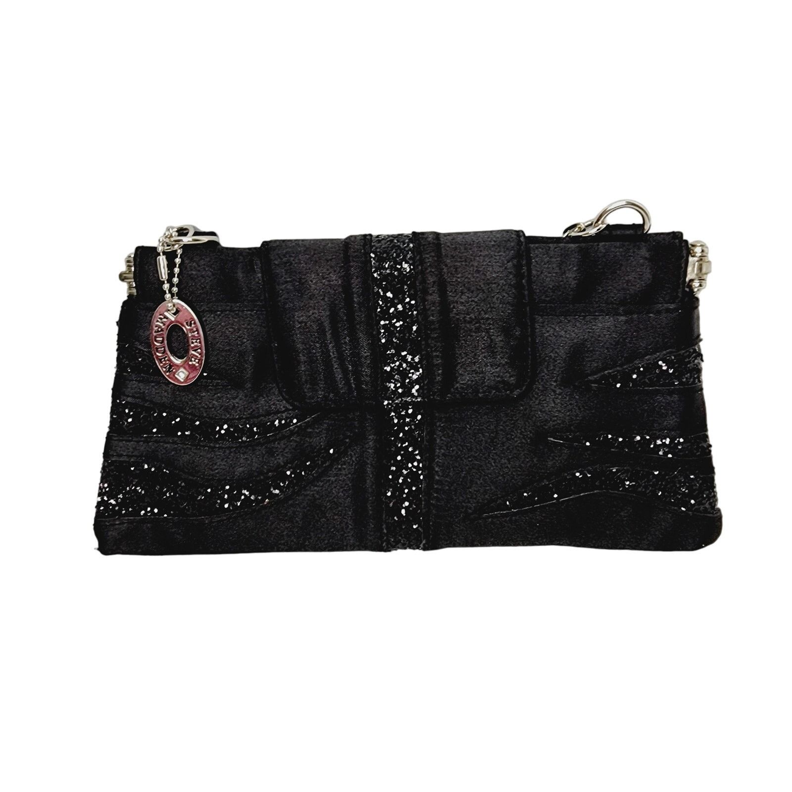 Steve Madden Small Black Satin & Glitter Clutch Purse, Women's
