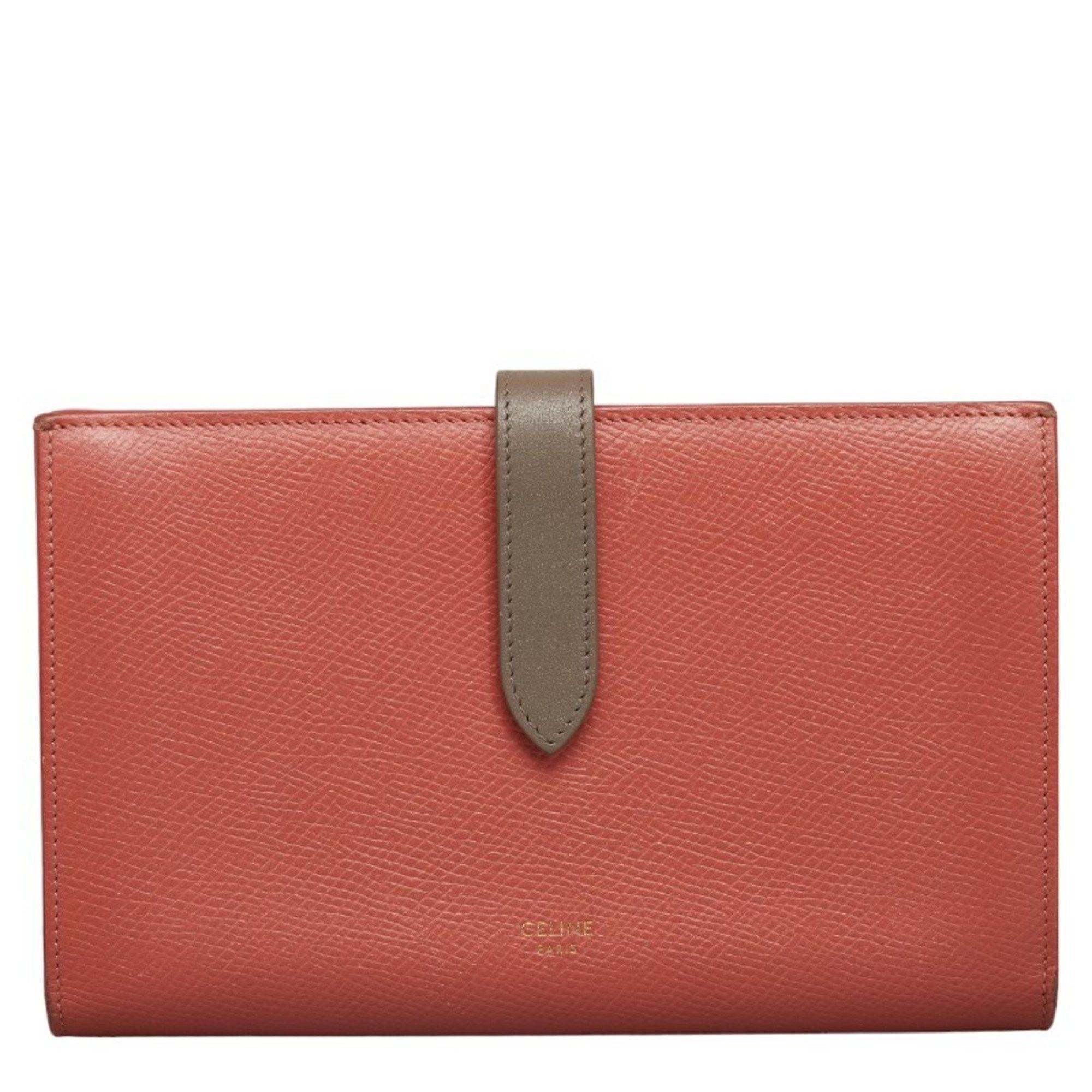 image of Celine Large Strap Wallet Long Bicolor Pink Gray Leather Women's Celine in Grey