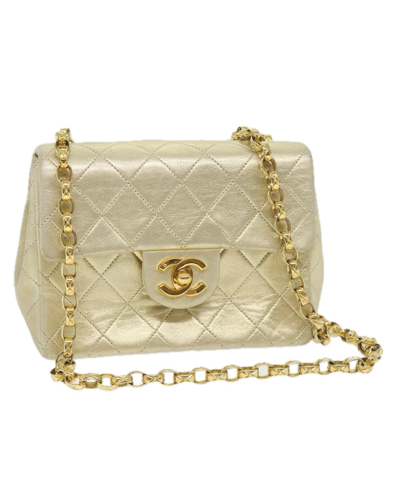 image of Chanel Gold Matelasse Chain Shoulder Bag With Lamb Skin Texture, Women's