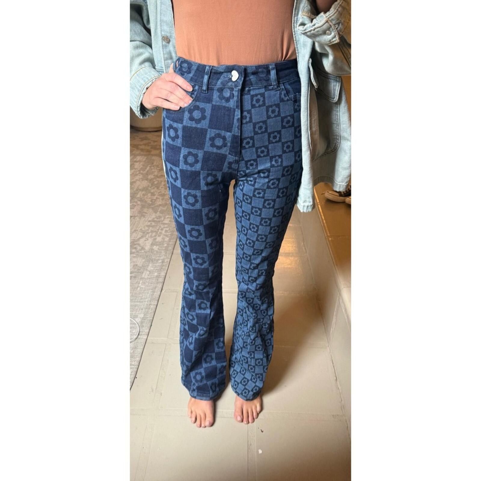 Jaded London NWT Jaded London Retro Jeans Checkered Floral Flare 25 Size 25" / US 0 / IT 36 - 4 Thumbnail