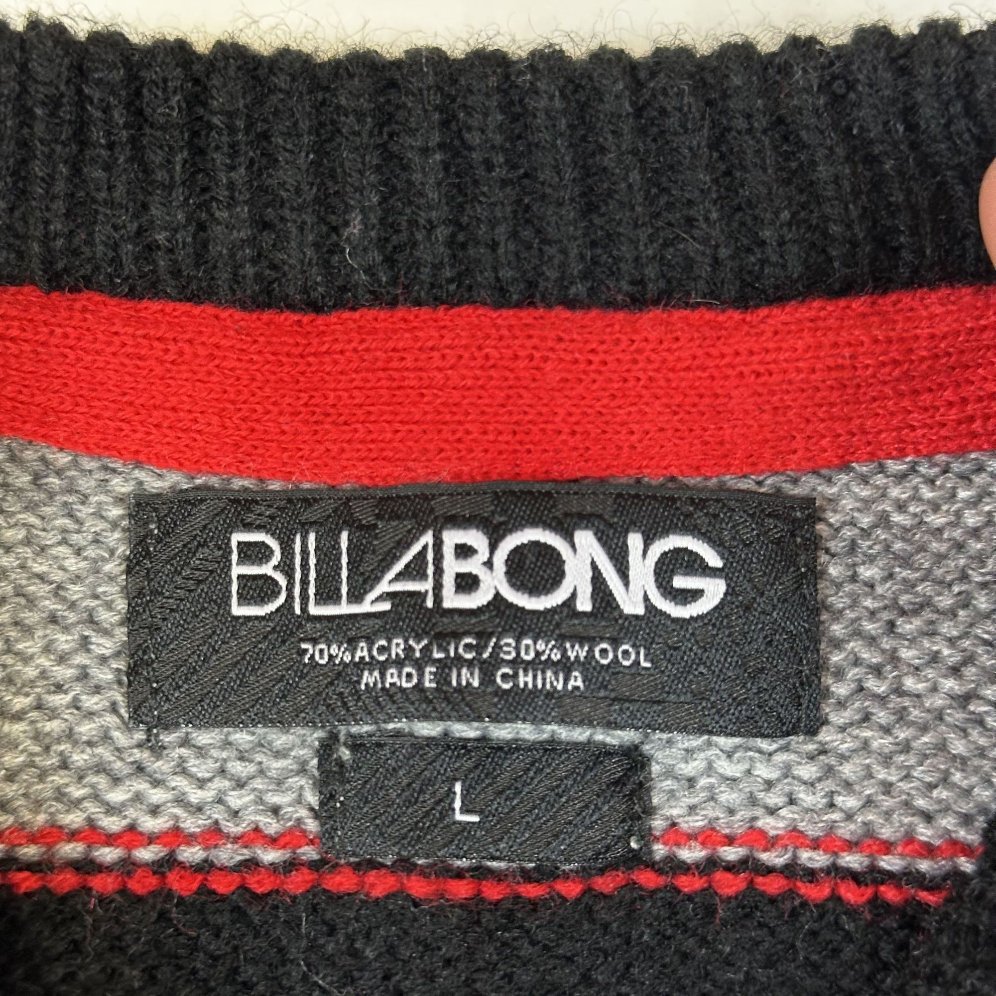 Billabong Billabong Mens Striped Sweater Crewneck Black/Grey/Red Wool Size US L / EU 52-54 / 3 - 3 Thumbnail