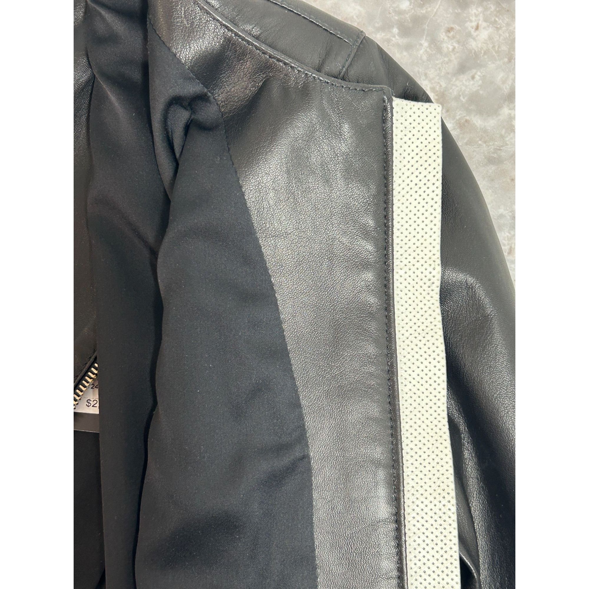 St. John St John Women's Leather Zipper Moto Jacket in Cavier/Cream - Size S / US 4 / IT 40 - 6 Thumbnail