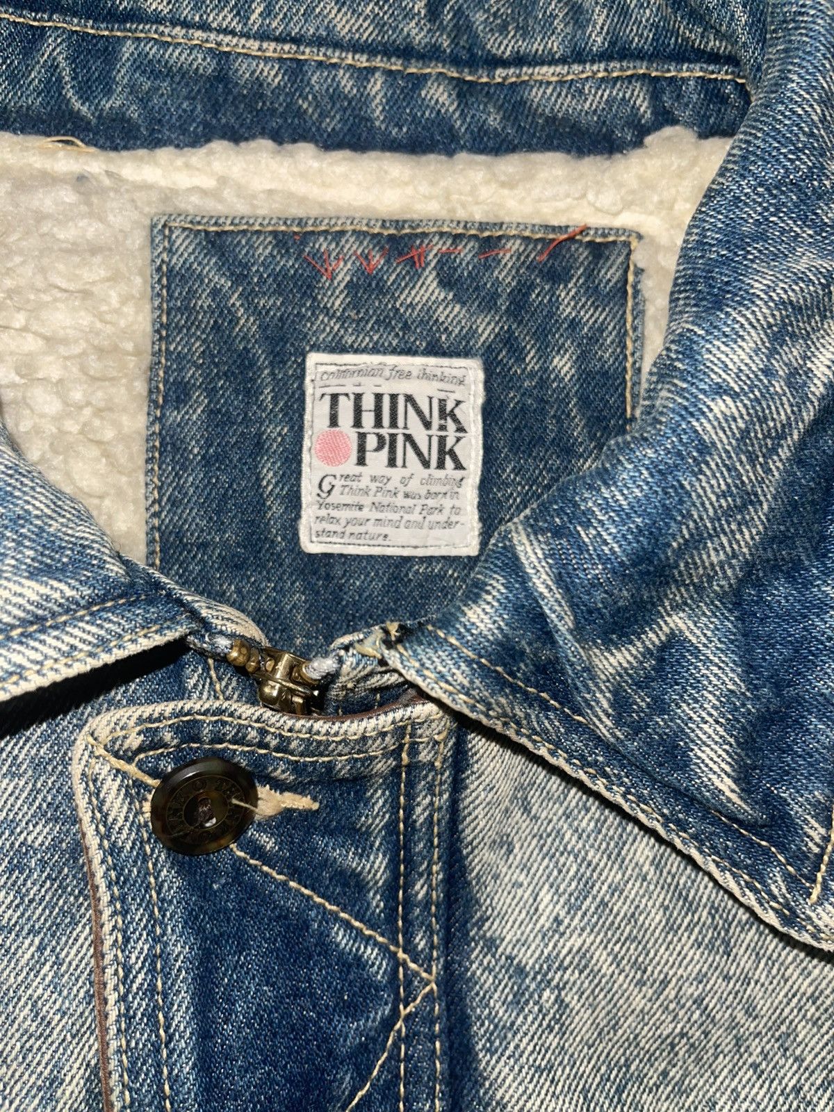 Vintage RARE 80s Think Pink Denim Jacket Acid Wash Sherpa Fleece Size US L / EU 52-54 / 3 - 3 Thumbnail