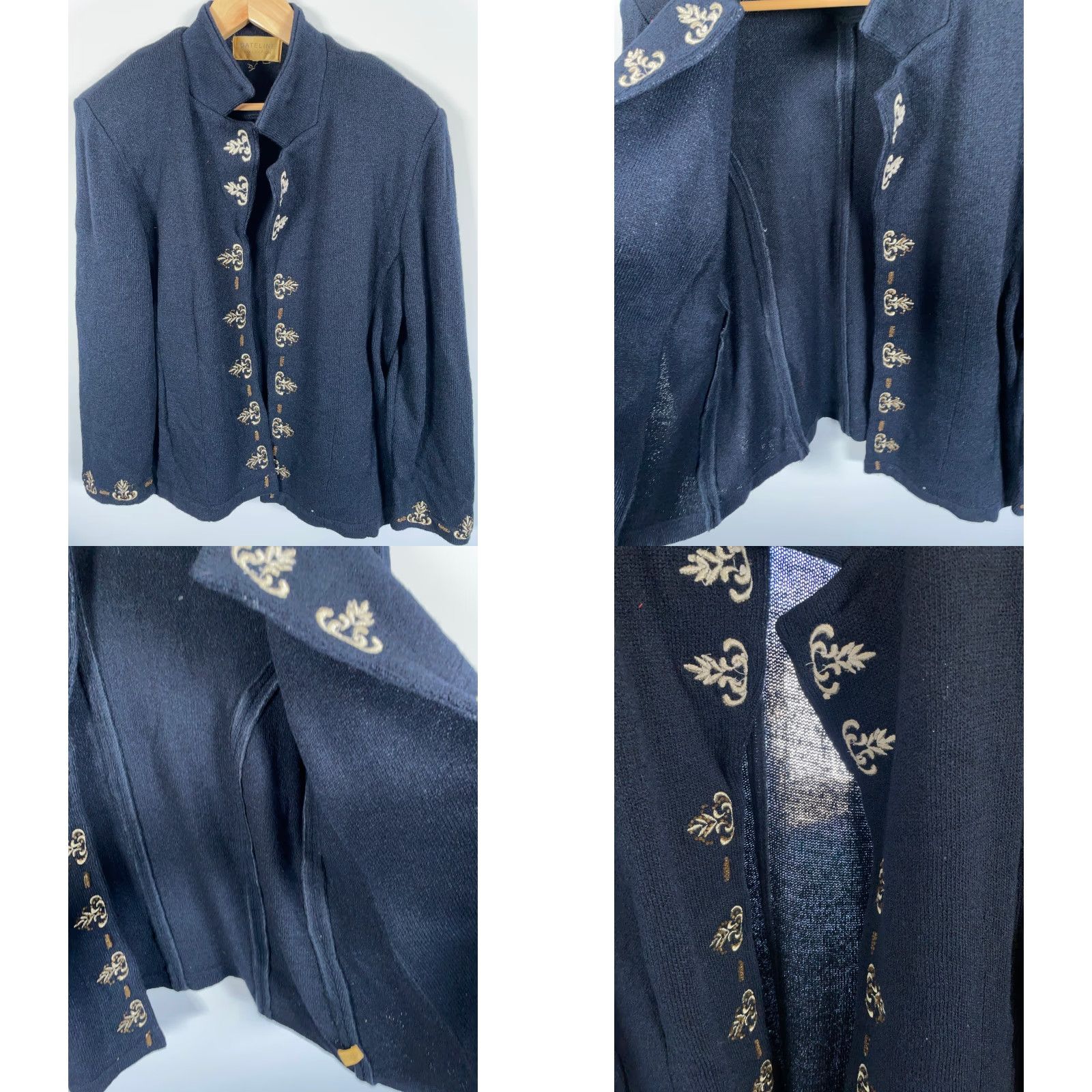 Vintage Dateline Collection Cardigan Women XL Dark Blue Beaded Silk Wool Open Front Knit V-Neck Hidden Shoulder Pads Knitwear Regular Size: XL Size XL / US 12-14 / IT 48-50 - 9 Thumbnail