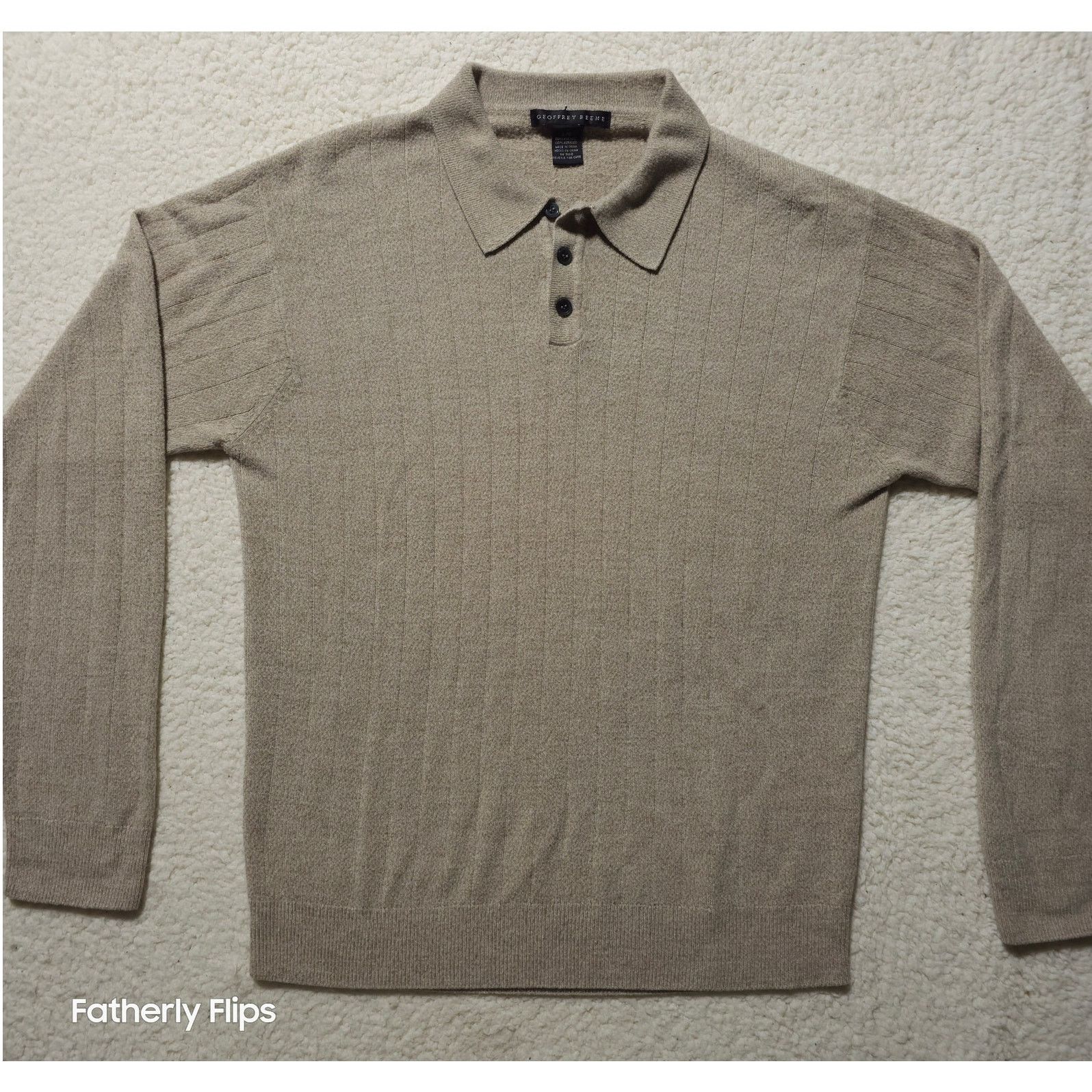 Geoffrey Beene Geoffrey Beene Men's Large Tan Ribbed Long Sleeve Polo Shirt Size US L / EU 52-54 / 3 - 1 Thumbnail