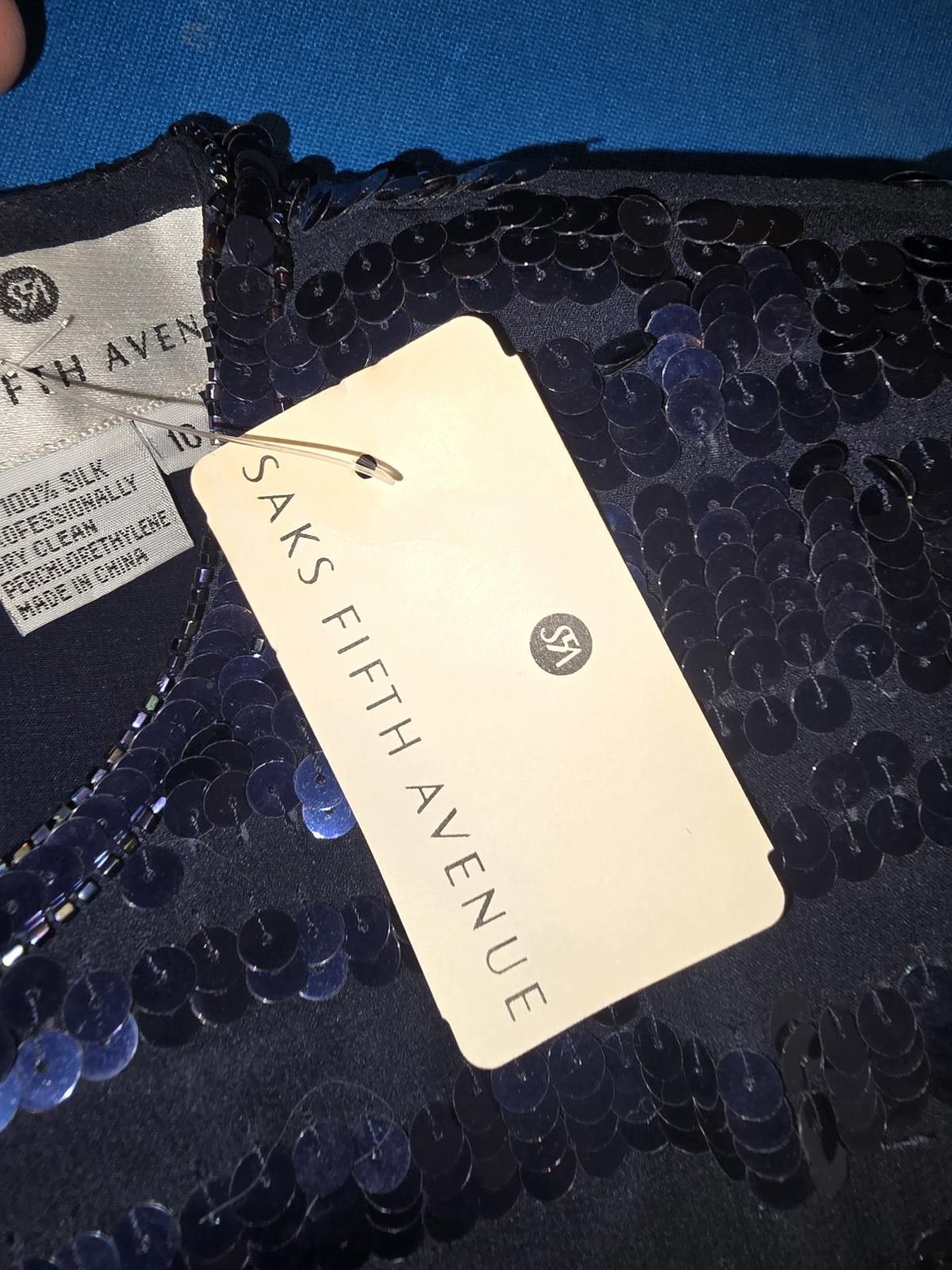Saks Fifth Avenue Saks Fifth Avenue Navy Silk Sequin Dress - Size 10 Size L / US 10 / IT 46 - 4 Thumbnail