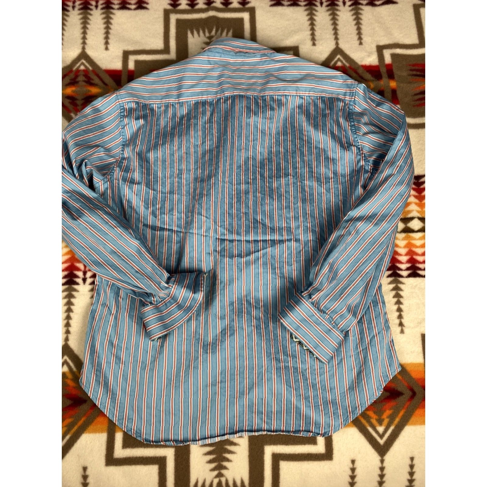 Robert Graham Robert Graham Mens Dress Shirt Long Sleeve Sz 2XL Aqua Orange Stripes Cuffs Size 48R - 3 Thumbnail