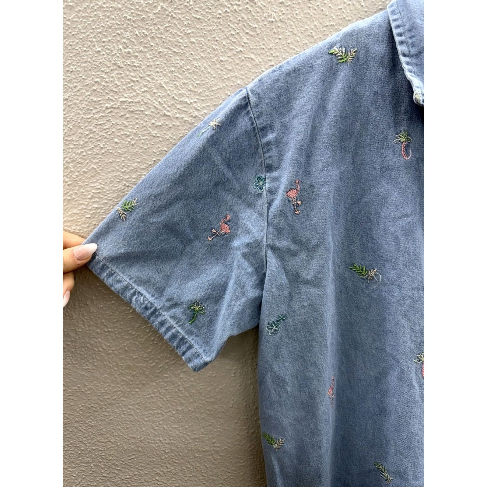 Vintage Teddi Womens Shirt Button-Up Collared Chambray Blue Size M Stitched Embroidered Vintage Shirt Women Regular Fit Long Sleeve Lightweight Casual Size M / US 6-8 / IT 42-44 - 2 Thumbnail