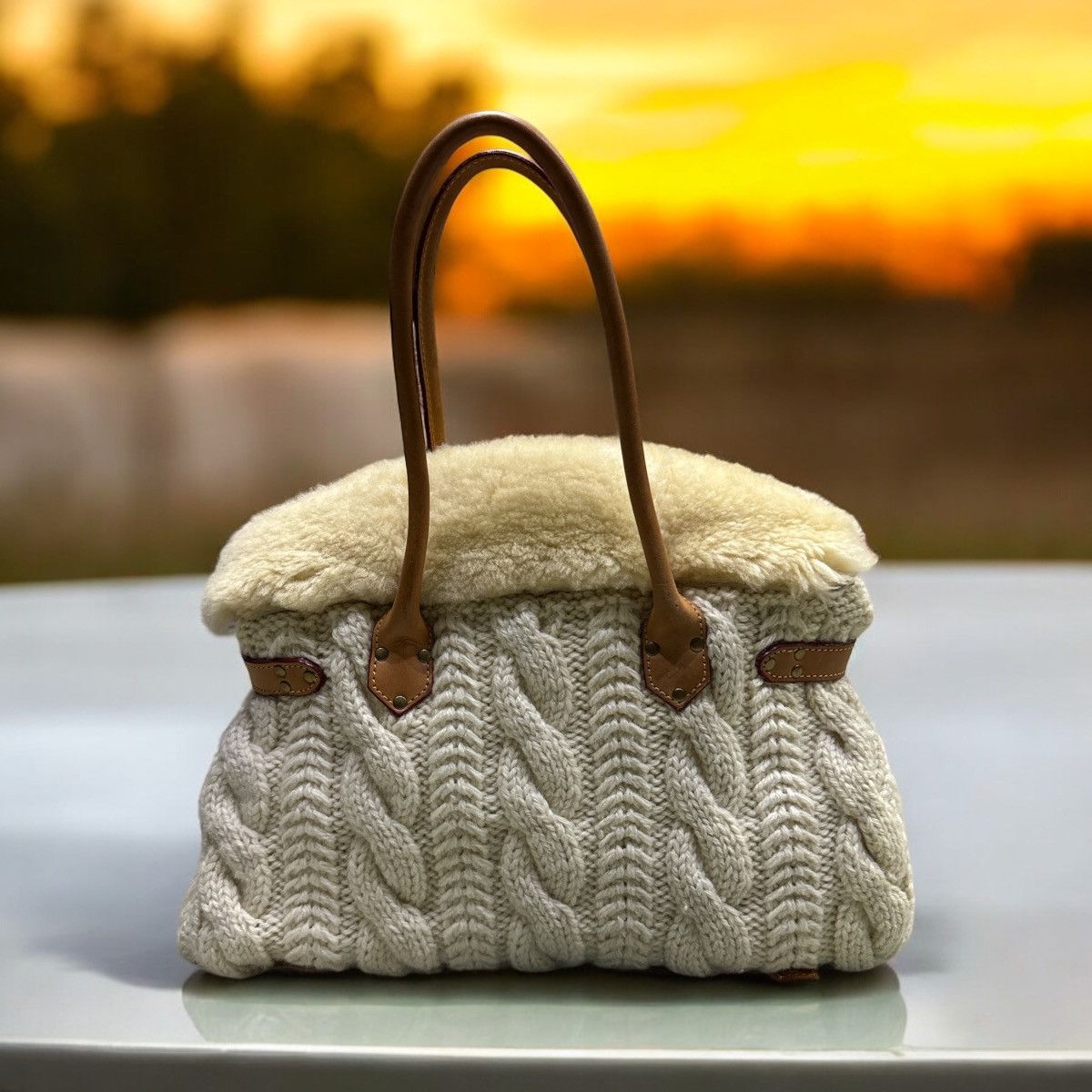 Handmade MONTEROSA CABLEKNIT SHEEPSKIN HANDMADE BIRKIN STYLE HANDBAG Size ONE SIZE - 2 Thumbnail