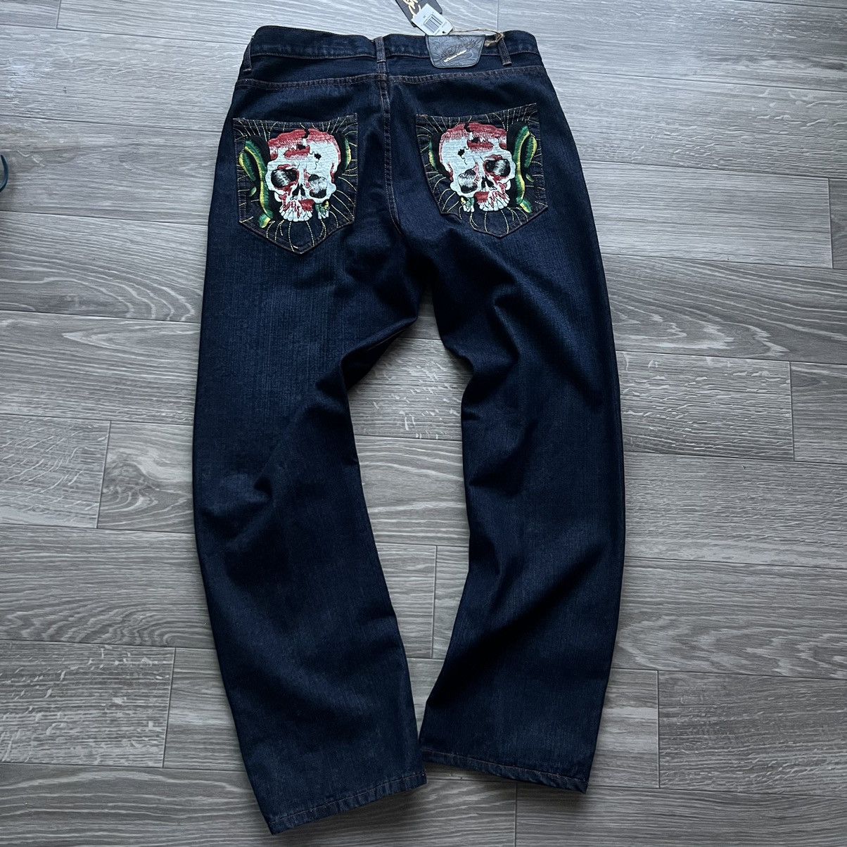 Image of Crazy Vintage Y2K Ed Hardy Baggy Jeans Wide Leg Skull NWT in Navy, Men's (Size 38)