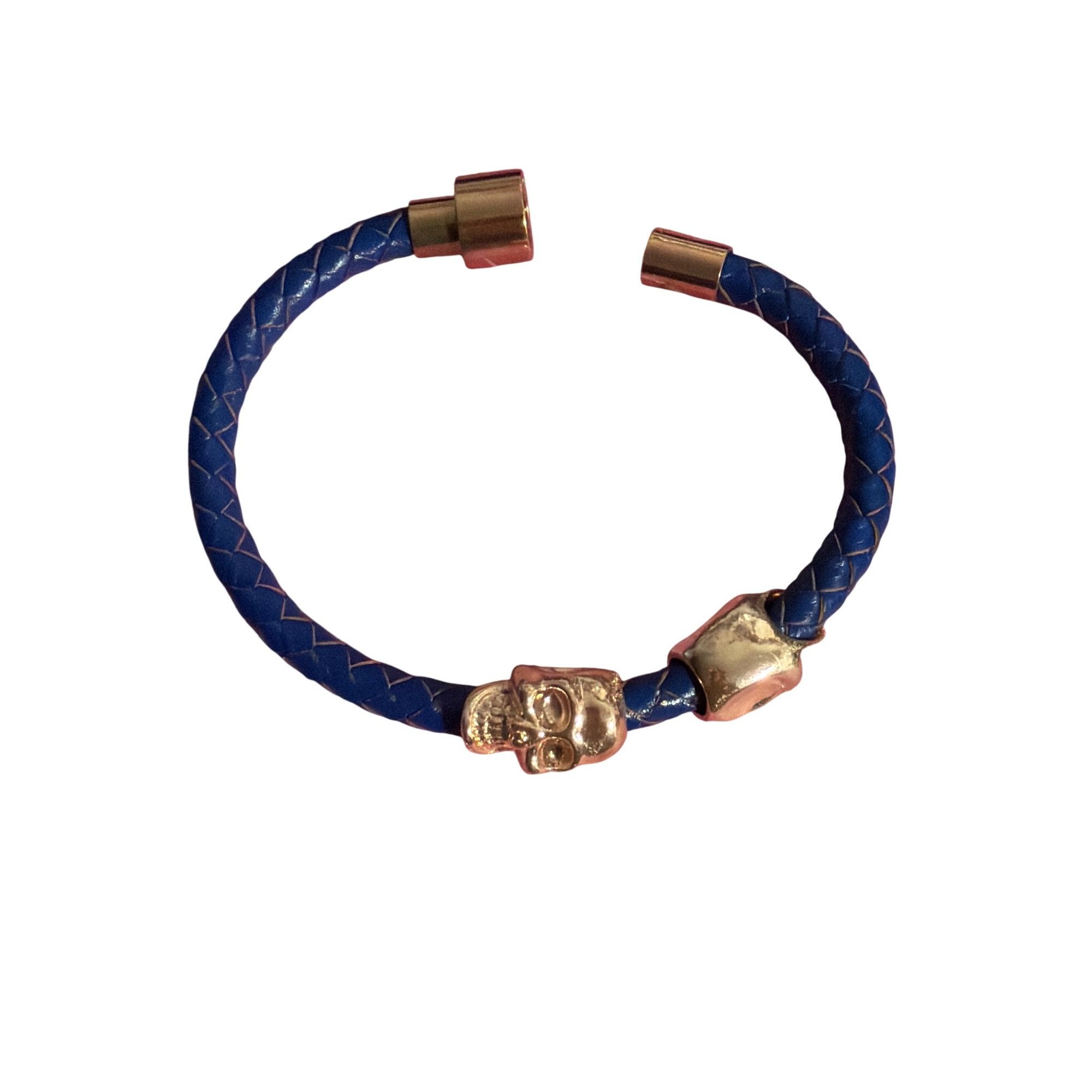 Other Twin Skull Blue Braided Leather Bracelet Rose Gold Tone Magn Size ONE SIZE - 4 Thumbnail