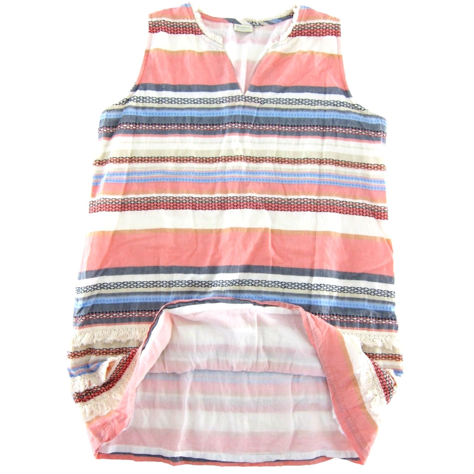 Pinko Spartina 449 Pink Blue Grey Stripe Fringe Cotton Sleeveless Tunic Shift Dress L Women's Maxi Shift Dress Knee Length Pullover Lined Size L / US 10 / IT 46 - 5 Thumbnail