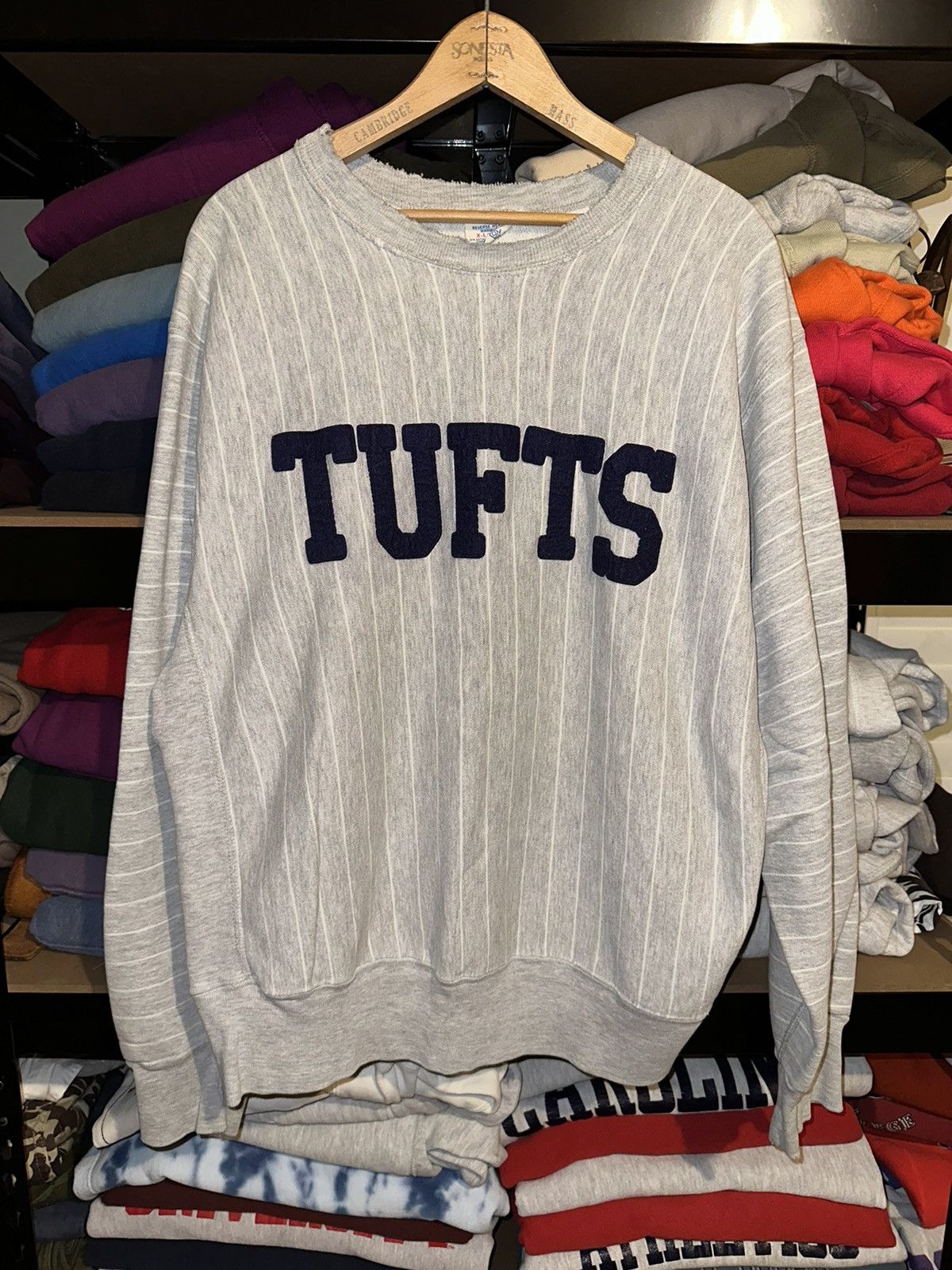 image of 80’S Tufts Champion Reverse Weave Striped Crewneck in Grey Pinstripe, Men's (Size XL)