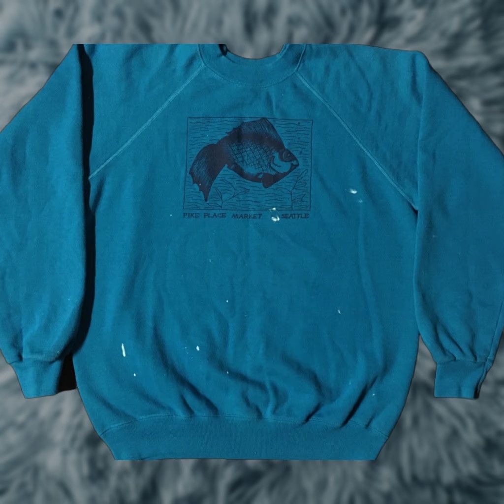 Hanes VINTAGE 80s Seattle Pike Place Fish Market Distressed Paint Sweatshirt Blue S Mens Small Pullover Hanes Size US S / EU 44-46 / 1 - 1 Thumbnail