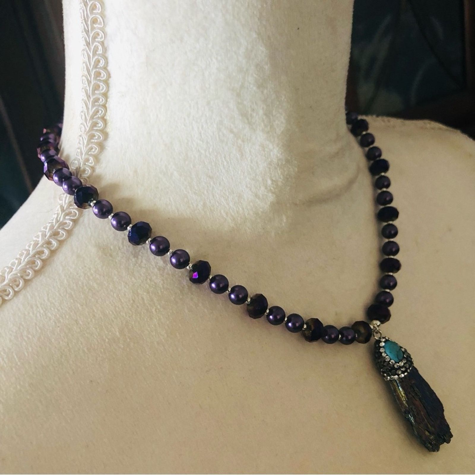 Handcrafted peacock tail tourmaline turquoise Pearl necklace
