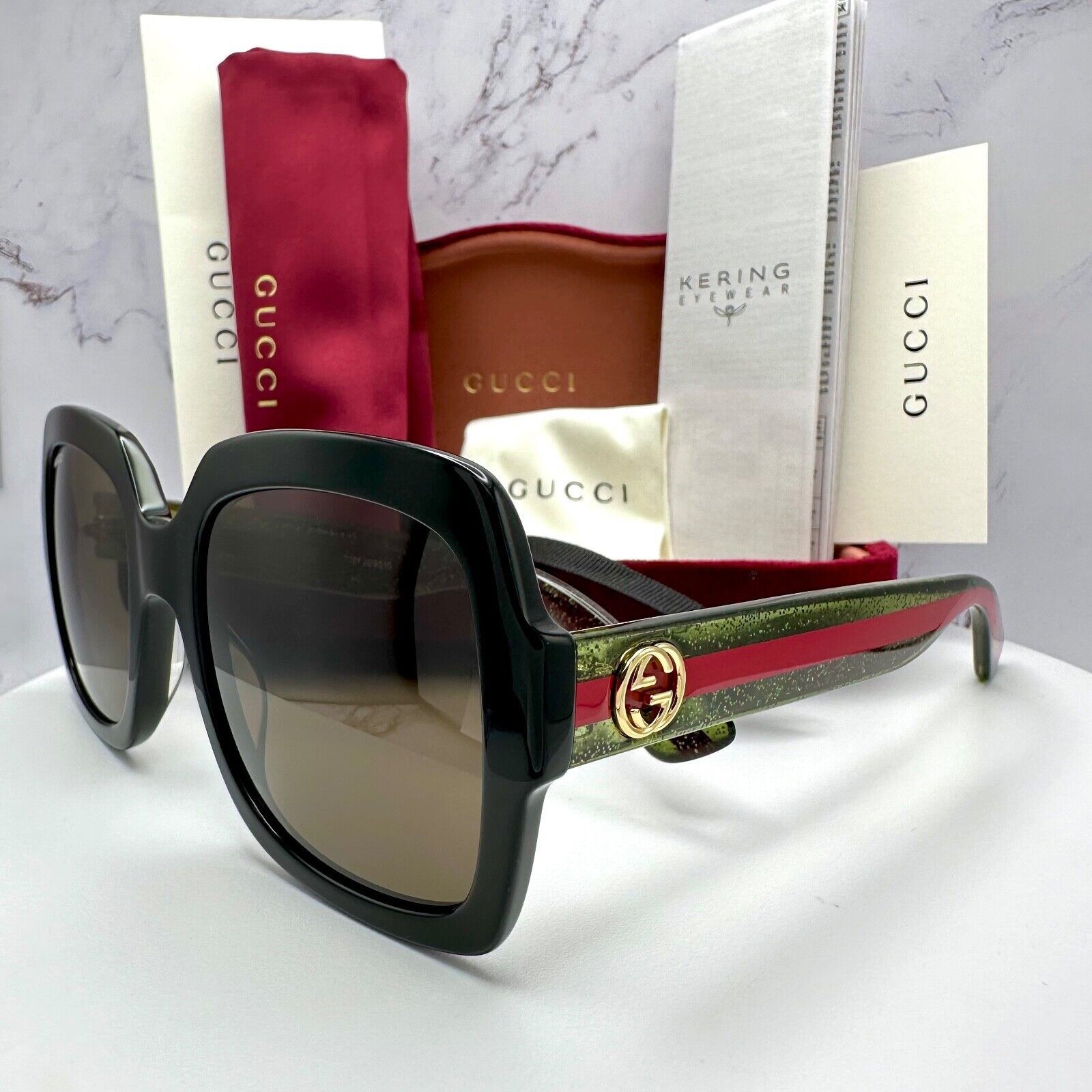 Gucci New Gucci Sunglasses Black Square Red Green Web Arms Gold Size ONE SIZE - 4 Thumbnail