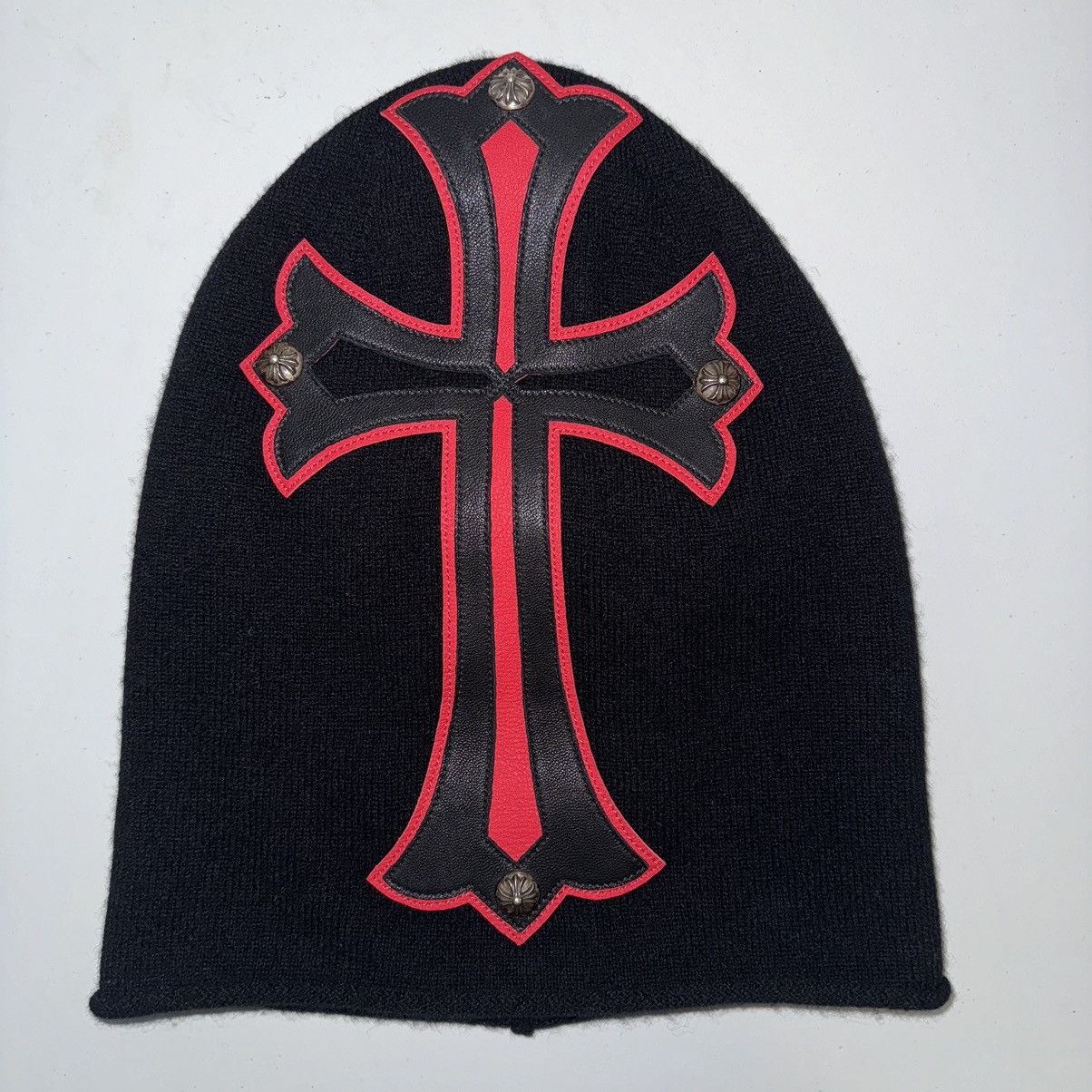 Pre-owned Chrome Hearts Cashmere Mask Leather Cross Beanie Red In Black