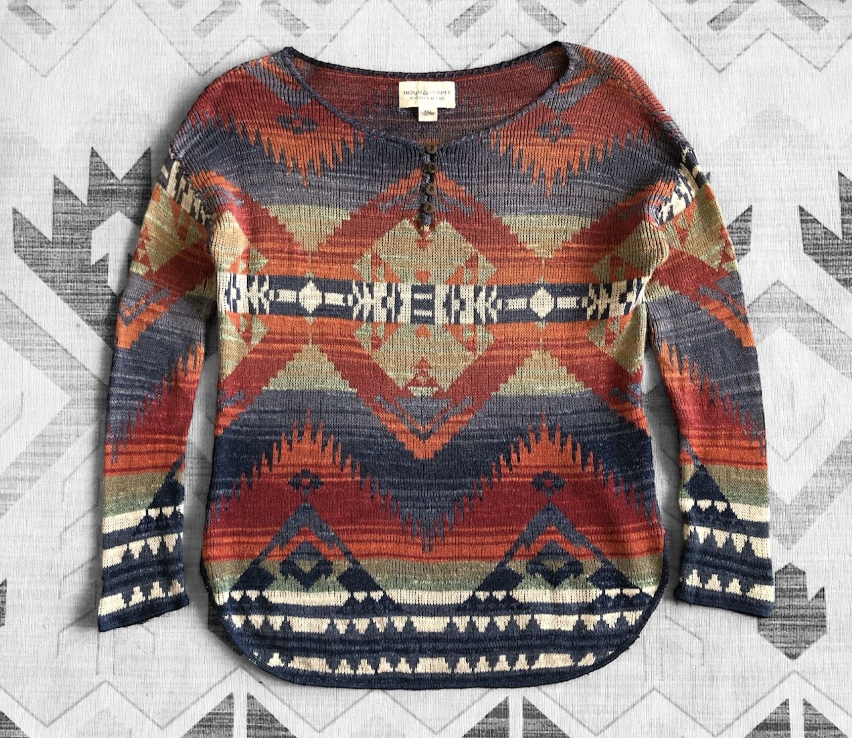 Denim & Supply Ralph Lauren SOUTHWESTERN GEOMETRIC HENLEY KNIT SWEATER Size XXS / US 00 / IT 34 - 1 Thumbnail
