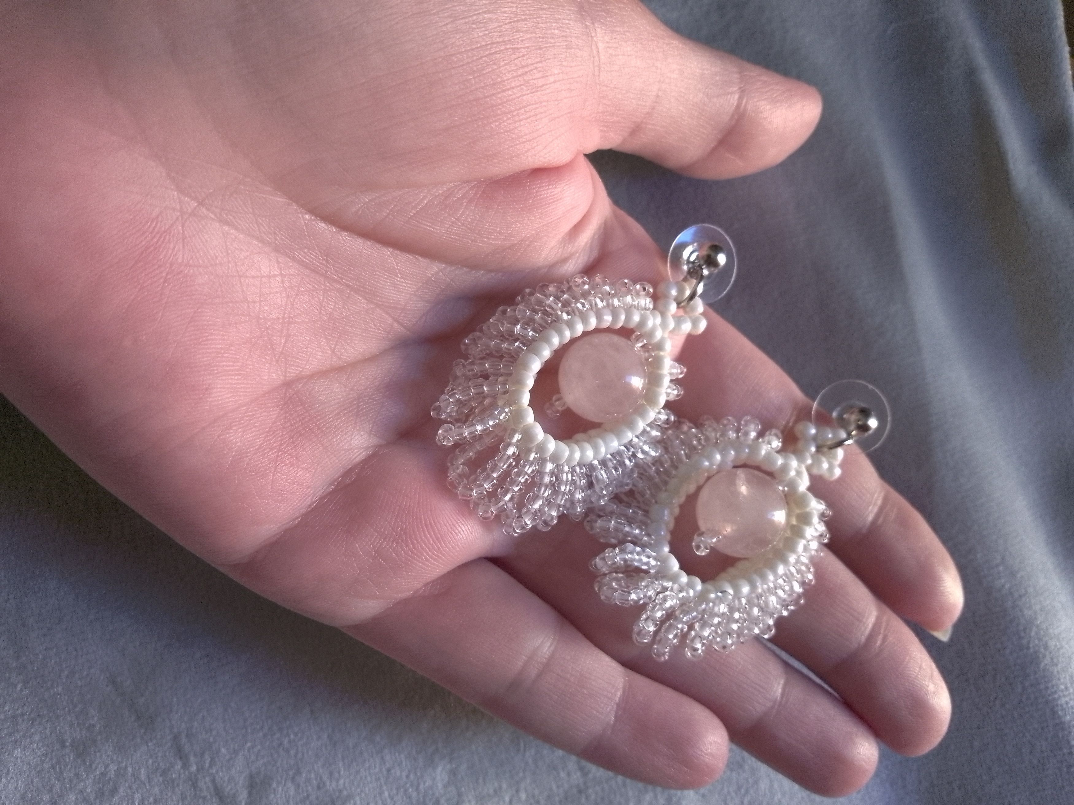 Handmade Earrings. Rose quartz. Glass beads. Circle shape. Elegant Size ONE SIZE - 4 Thumbnail