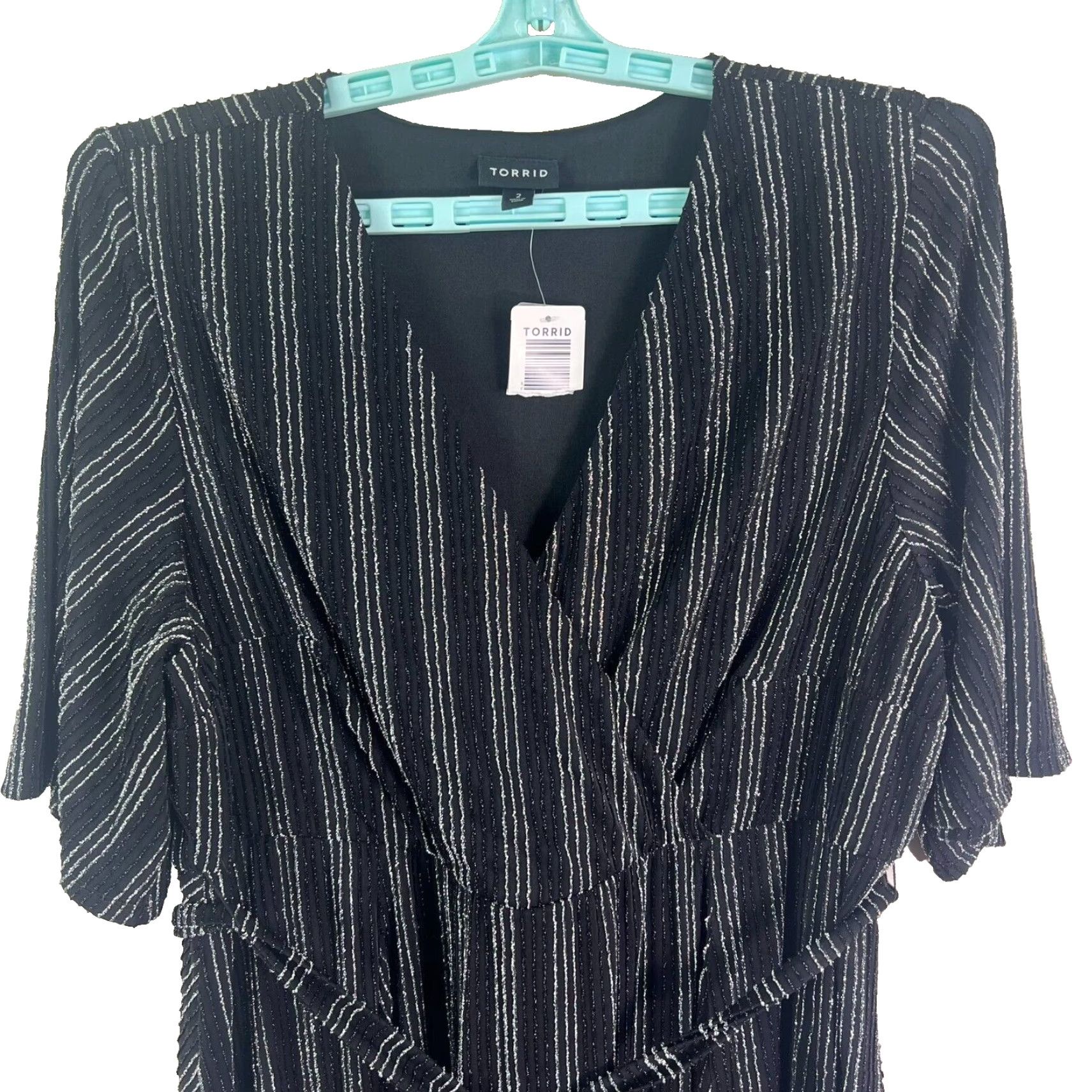 Torrid Torrid Metallic Striped Belted A-Line Dress Plus Size 2 Black Midi V-Neck Flutter Sleeve NWT Size XS / US 0-2 / IT 36-38 - 2 Thumbnail