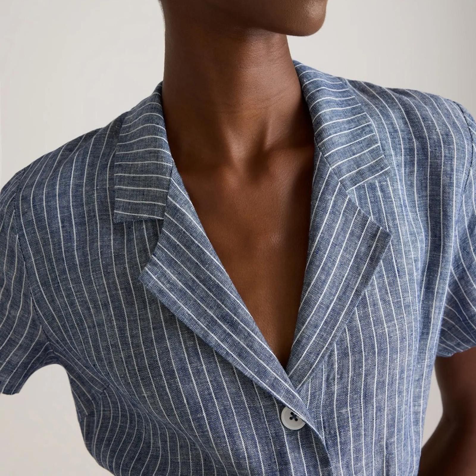 Quince Chambray Stripe Linen Button Front Dress Size S / US 4 / IT 40 - 2 Thumbnail