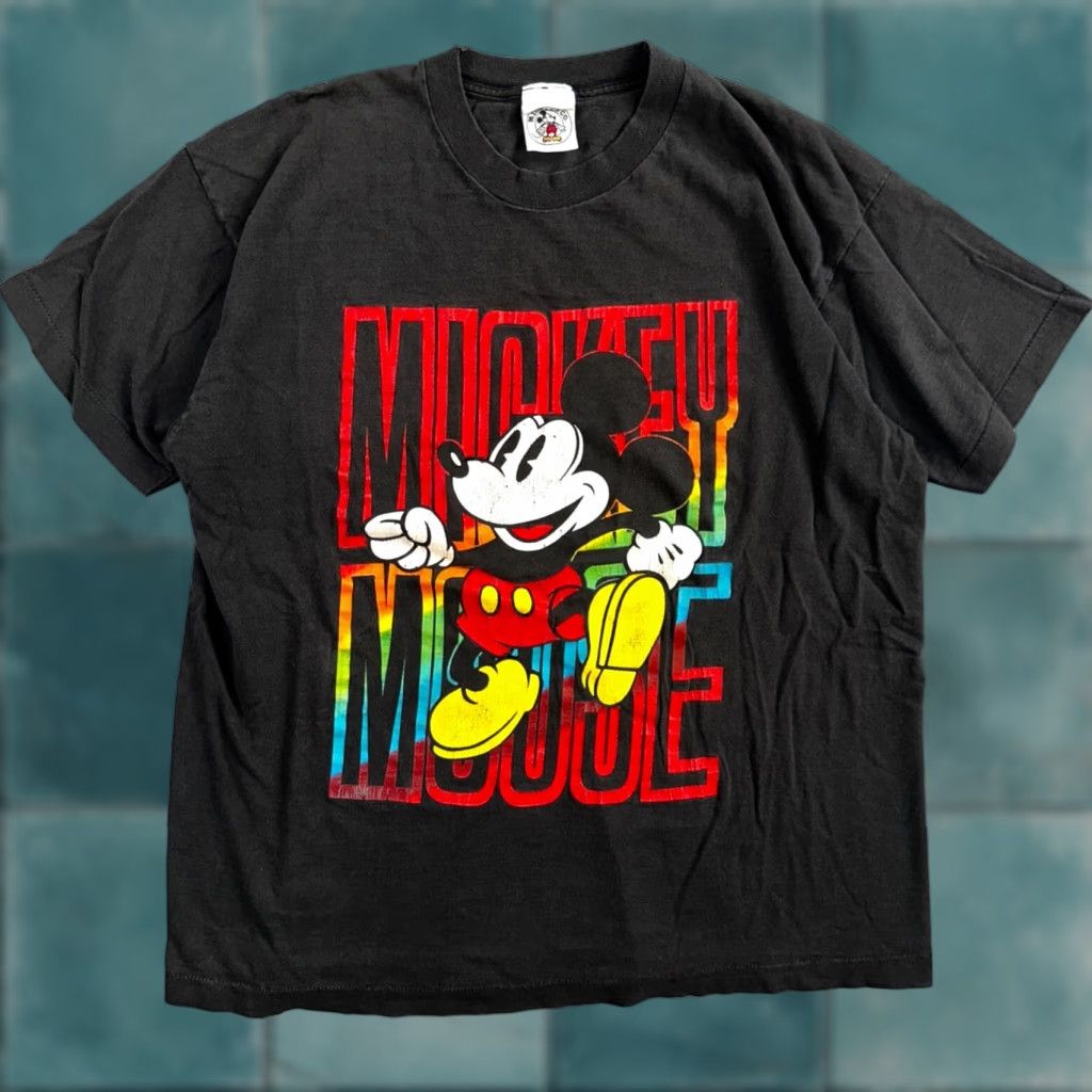 Disney VINTAGE Disney Mickey Mouse T-Shirt Men XL Black Crew Neck Short Sleeve 90s Rainbow Neon Big Print Single Stitch Graphic Pattern Gift Size US XL / EU 56 / 4 - 1 Thumbnail