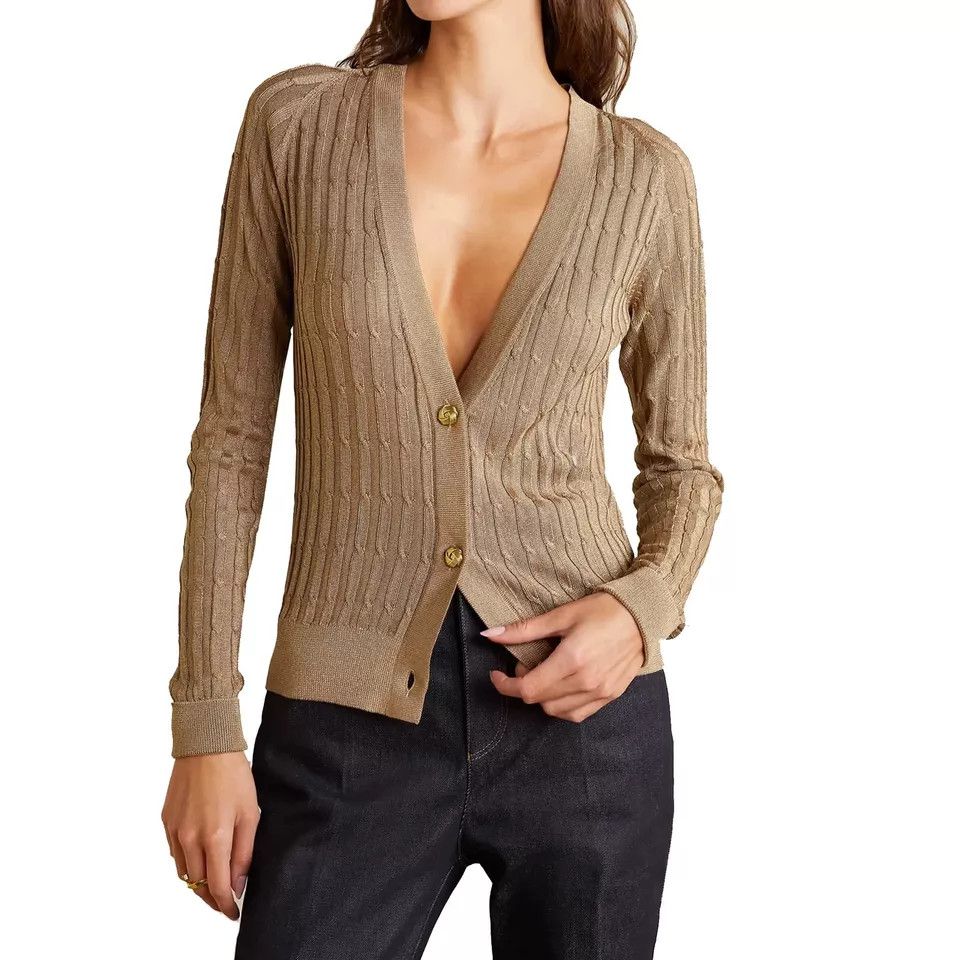 Saint Laurent Paris o1s1wg111224 Metallic Cable-Knit Cardigan in Beige Size L / US 10 / IT 46 - 2 Thumbnail