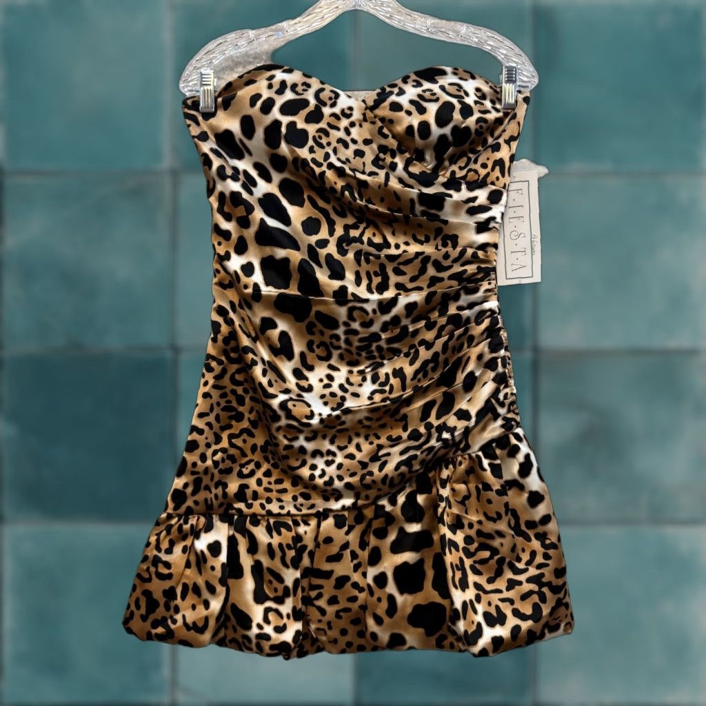 Vintage VINTAGE 90s Y2K Strapless Mini Dress Cheetah Leopard Beige Satin Fiesta S Small Women/Mens? Size S / US 4 / IT 40 - 1 Thumbnail