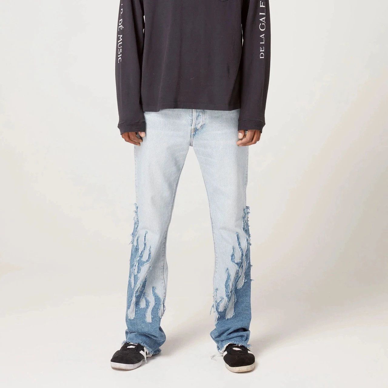 Japanese Brand × Jean × Vintage Blue Flame Embroidery Patchwork Baggy Size US 31 - 3 Thumbnail