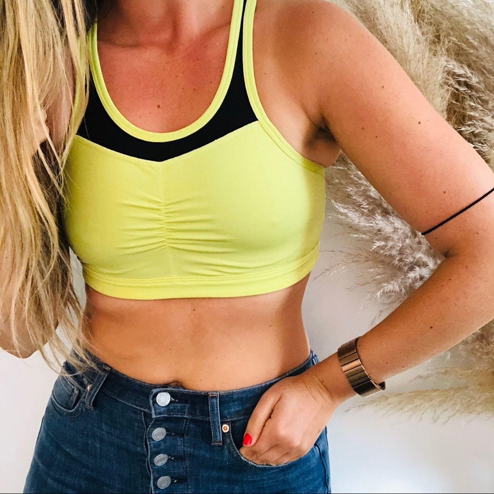 Free People PURE Yellow Black Mesh Inset Ruched Front Sports Bra Crop Size S / US 4 / IT 40 - 1 Thumbnail
