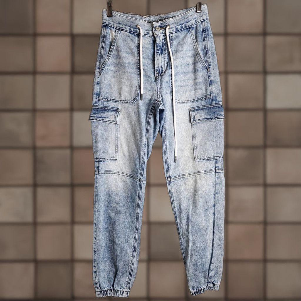 American Eagle Outfitters VINTAGE American Eagle Outfitters Cargo Joggers-Style Chambray Pants-Size 00 Women Blue Cotton Blend High Rise Tapered Pants Size ONE SIZE - 1 Thumbnail