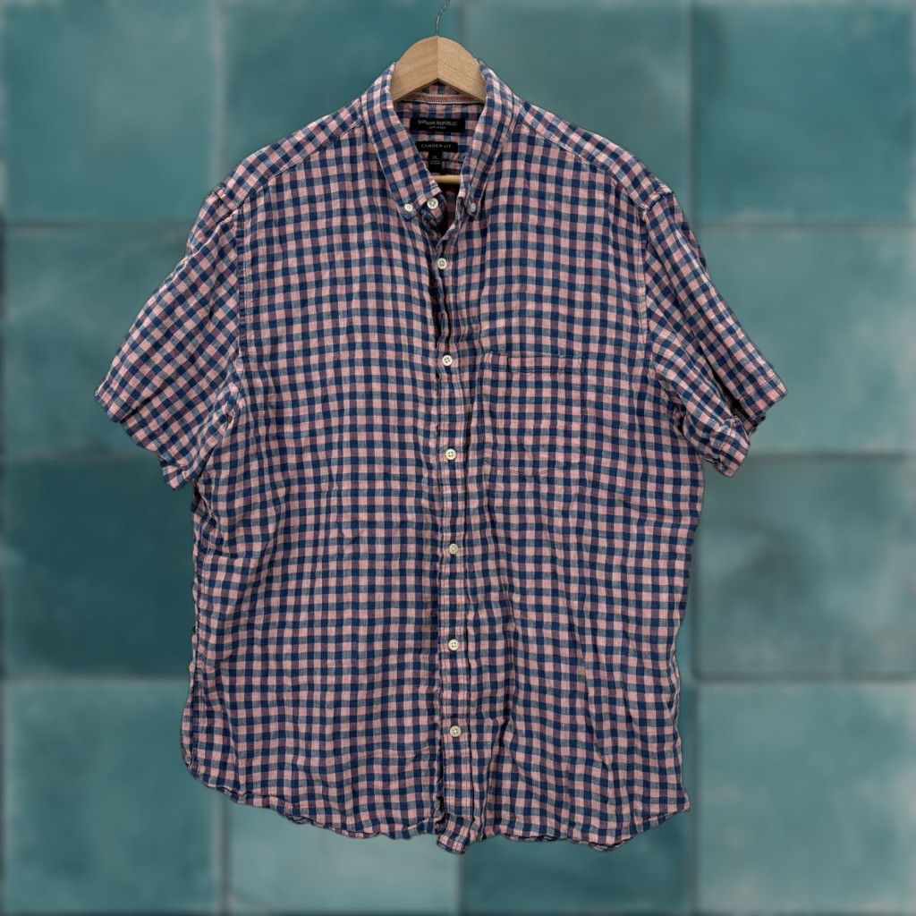 Banana Republic Banana Republic Shirt Mens XL Pink Check Short Sleeve Button-Up Linen Casual Preppy Spring Summer Brushed Button-Down Collared Fit Regular Vintage No Size US XL / EU 56 / 4 - 1 Thumbnail