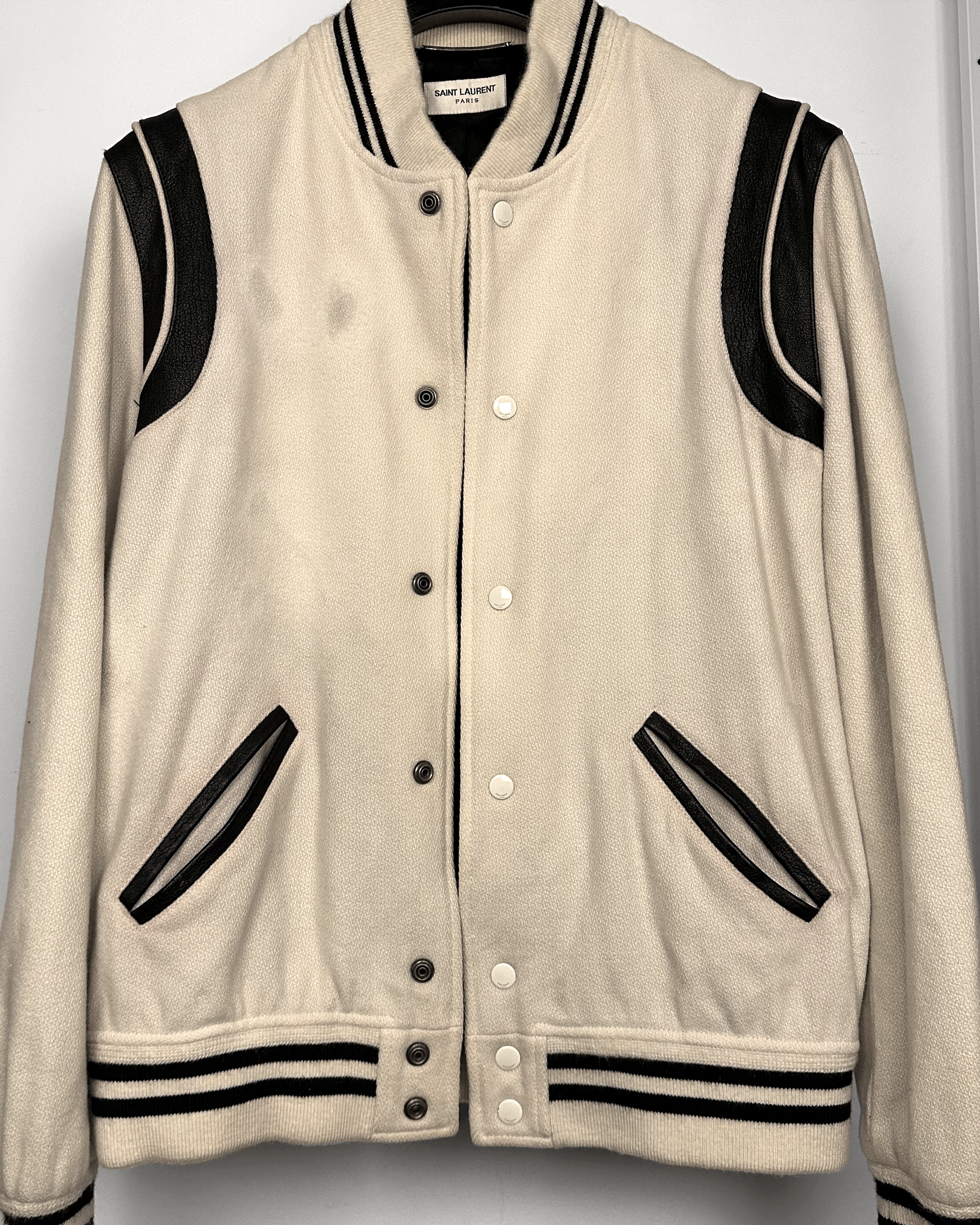 Saint Laurent Paris Saint Laurent Cream Teddy Varsity Bomber Jacket Size US L / EU 52-54 / 3 - 4 Thumbnail