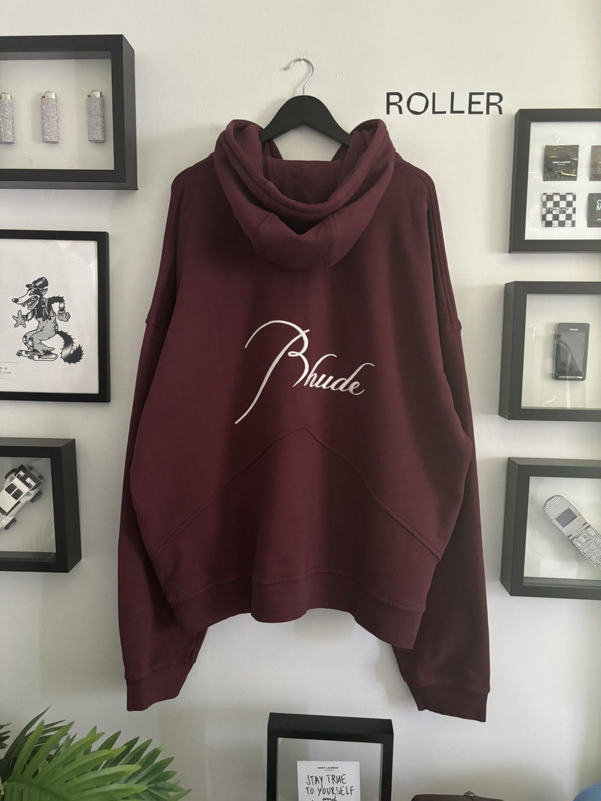 image of Rhude Script Embroidered Pill Hoodie in Burgandy, Men's (Size 2XL)