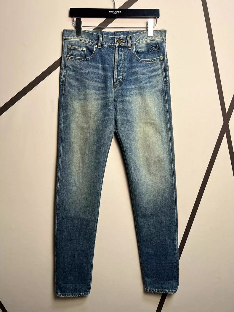 Saint Laurent Paris Saint Laurent Blue Denim Pants with Logo Embroidery- DMC Size US 31 - 1 Thumbnail