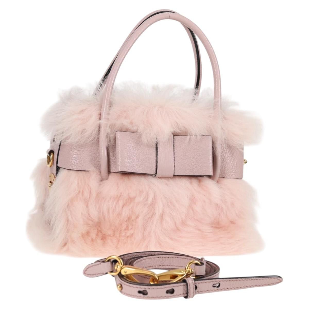 Miu Miu Hand Bag Fur 2way Pink Gold Auth 115622A