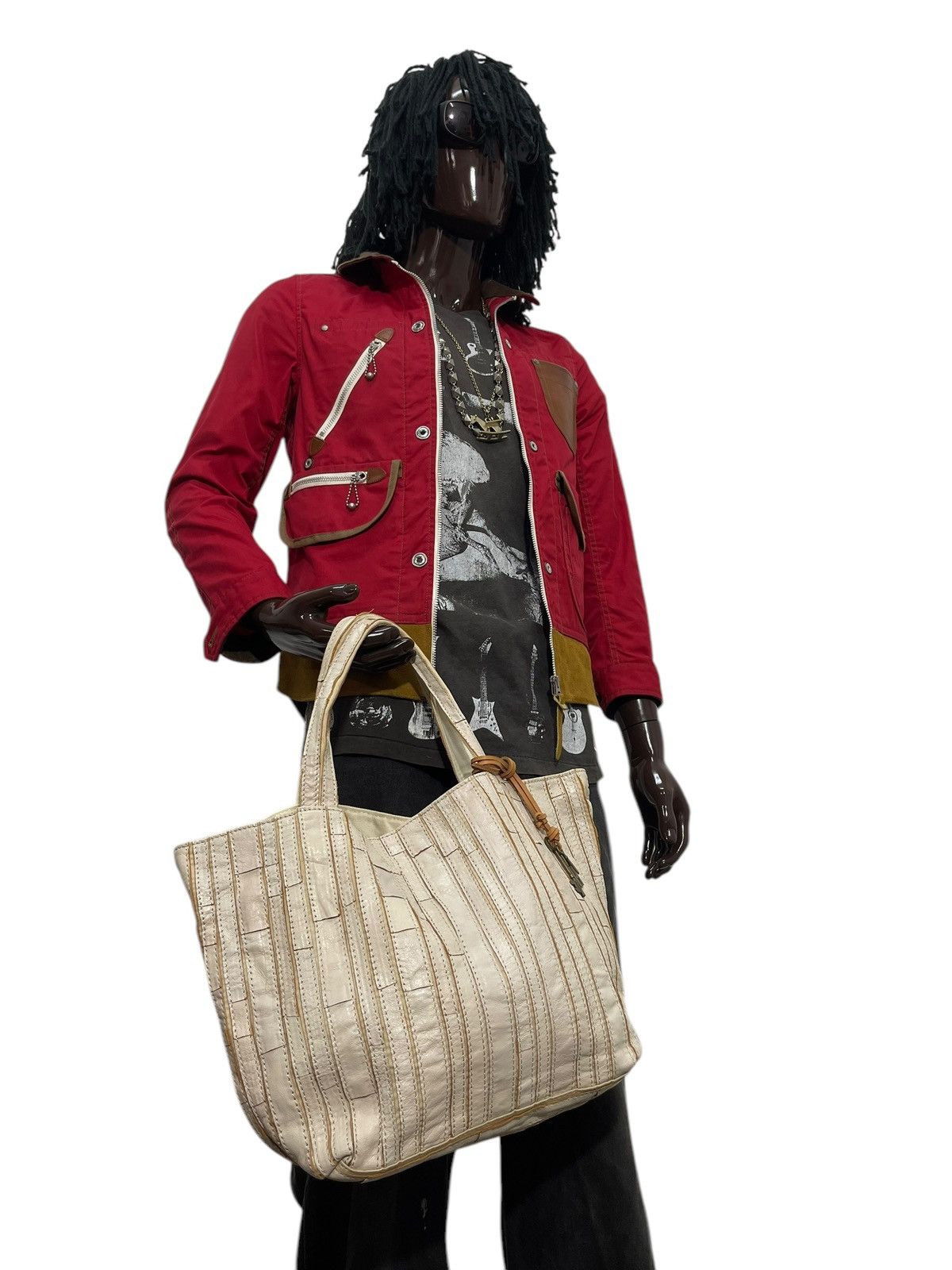 Genuine Leather Leather Patchwork Striped Trideep Tote Shoulder Bag 1🟩5 Size ONE SIZE - 5 Thumbnail