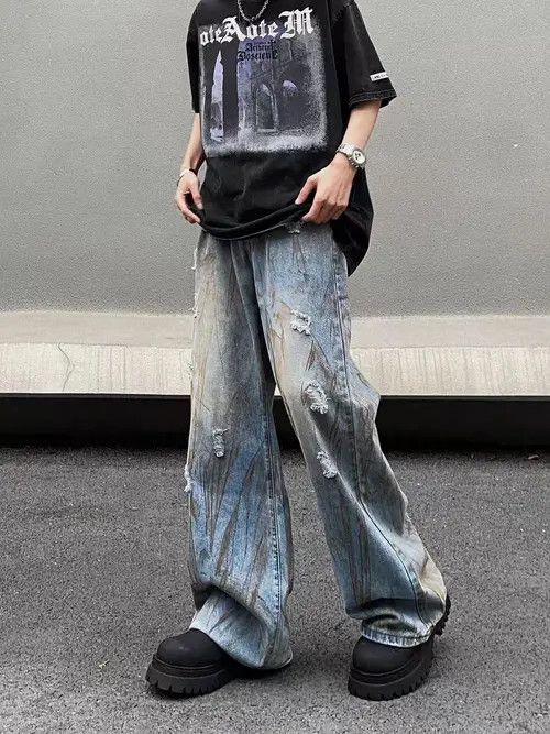 VIBE High Street Dirty Dye Washed Ripped Baggy Jeans Size US 32 / EU 48 - 4 Thumbnail