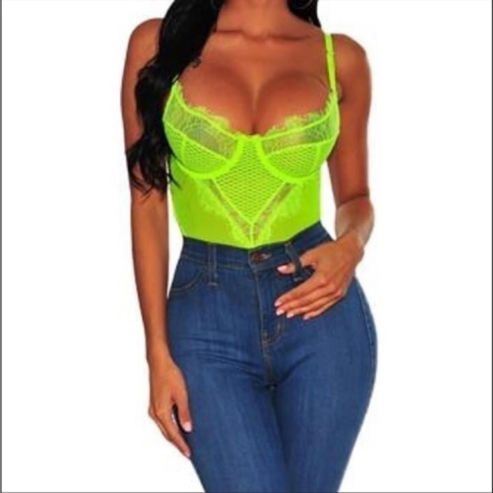 Designer Neon Green Lace Bodysuit NWT Size S / US 4 / IT 40 - 3 Thumbnail