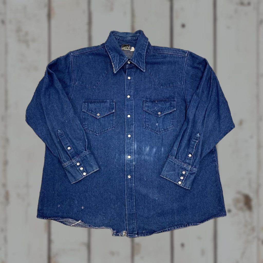 Denime VINTAGE Distressed denim heavyweight button up shirt XXL Blue Cotton Long Sleeve Snap Unbranded Men Cowboy Retro Western Button-Up Size US XXL / EU 58 / 5 - 1 Thumbnail