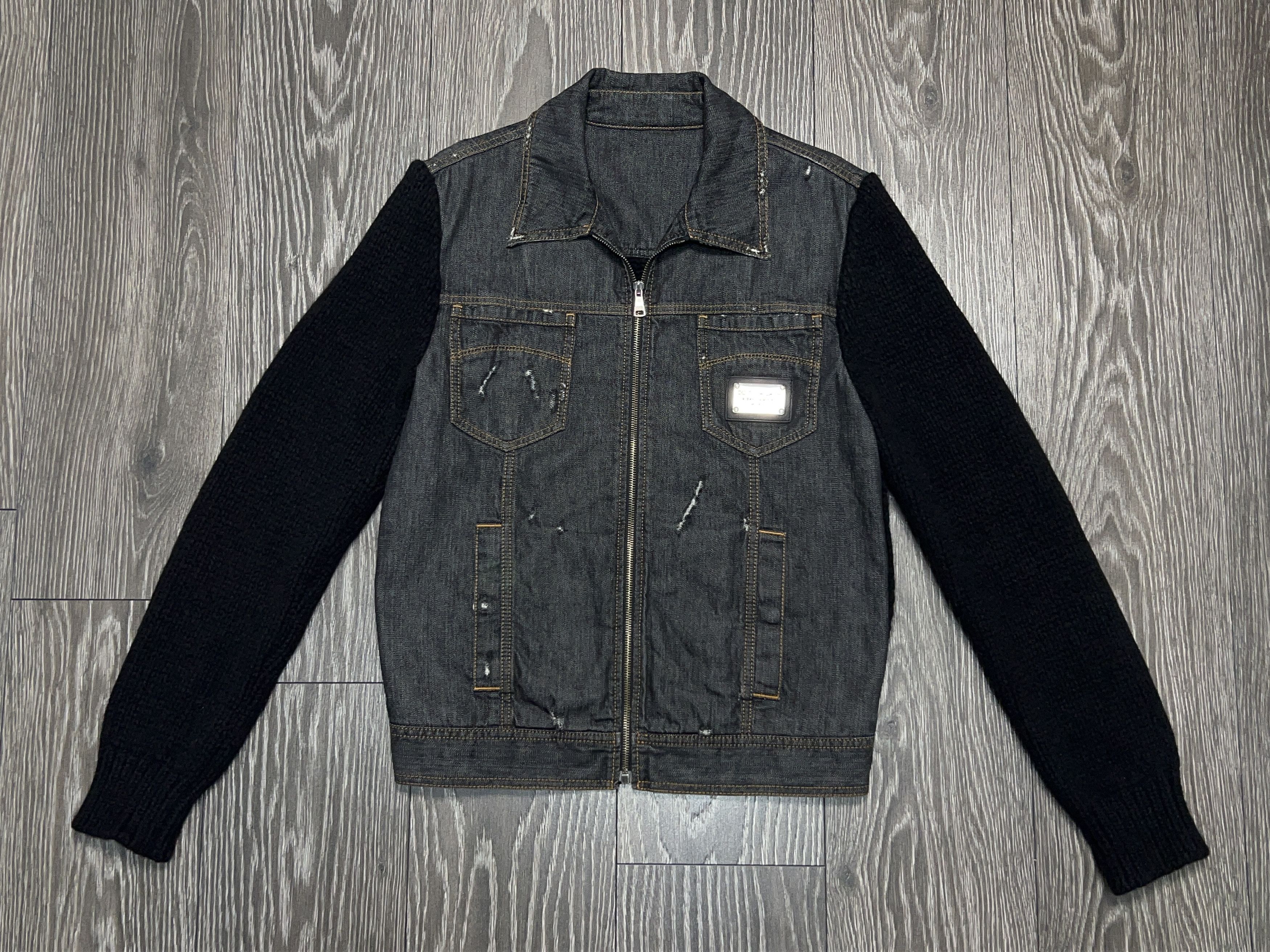 Dolce & Gabbana Mens Distressed Wool Denim Hybrid Jacket Bomber Size US L / EU 52-54 / 3 - 1 Thumbnail