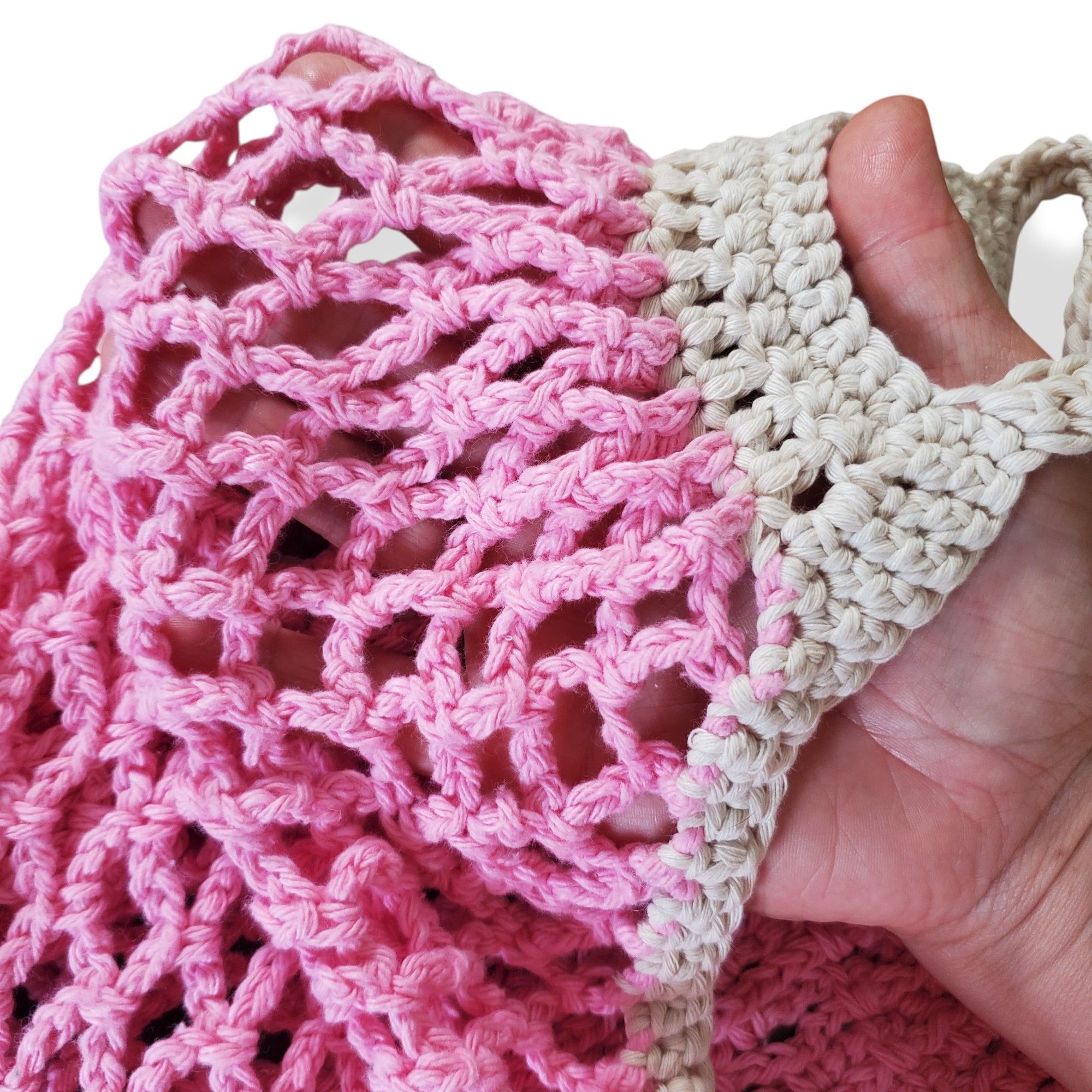 Handmade Market Bag Pink 100% Cotton Crochet French Farmers Net groc Size ONE SIZE - 9 Thumbnail