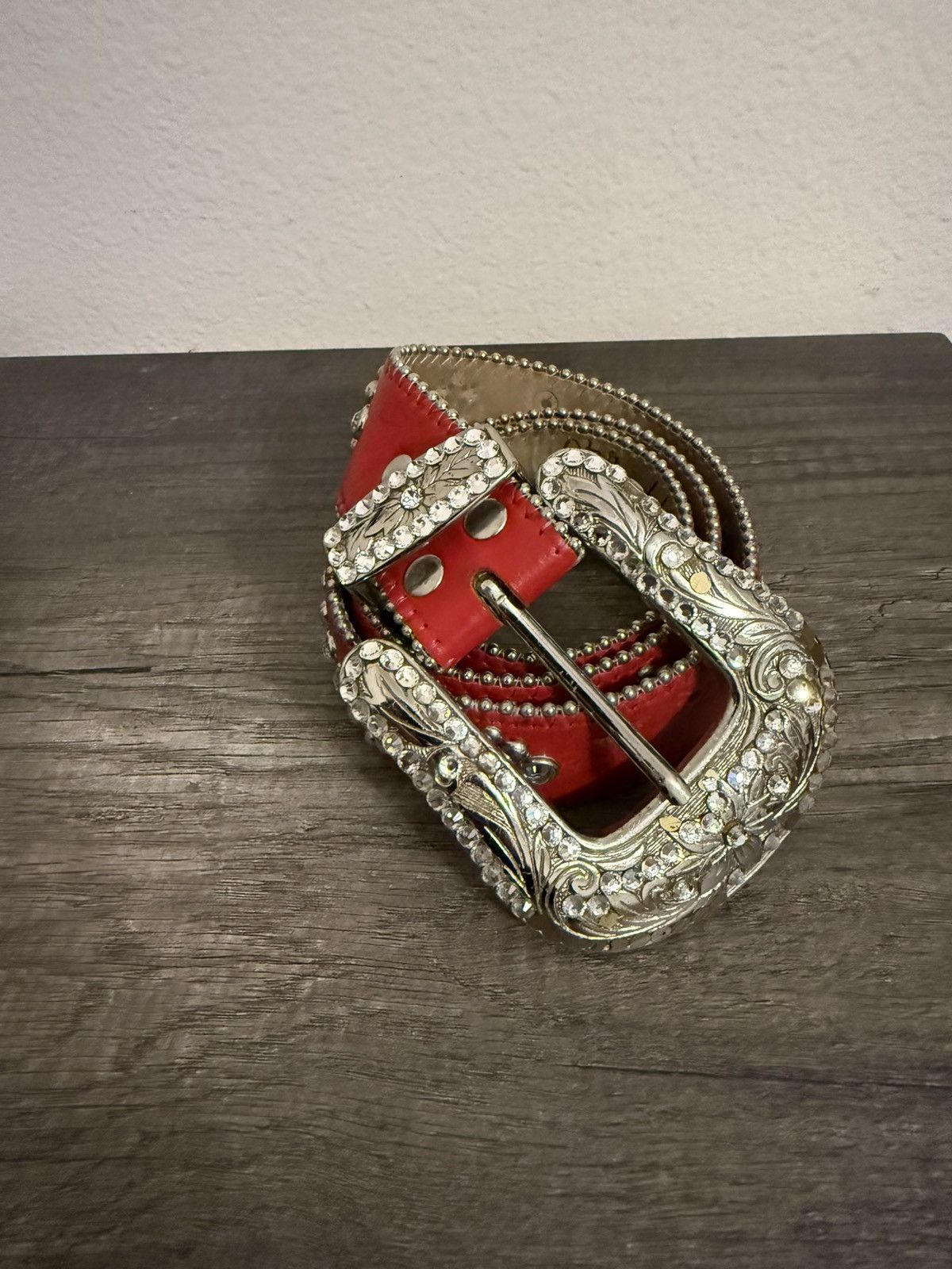 B.B. Simon Discontinued Baby Simon red leather belt with skull & sword Size 32 - 1 Thumbnail