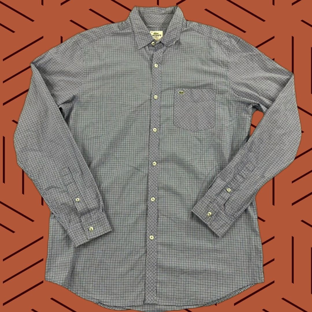Lacoste LACOSTE Shirt Mens Size 40 Classic Micro Blue White Plaid Button Up Dress Collar Size 40R - 1 Thumbnail