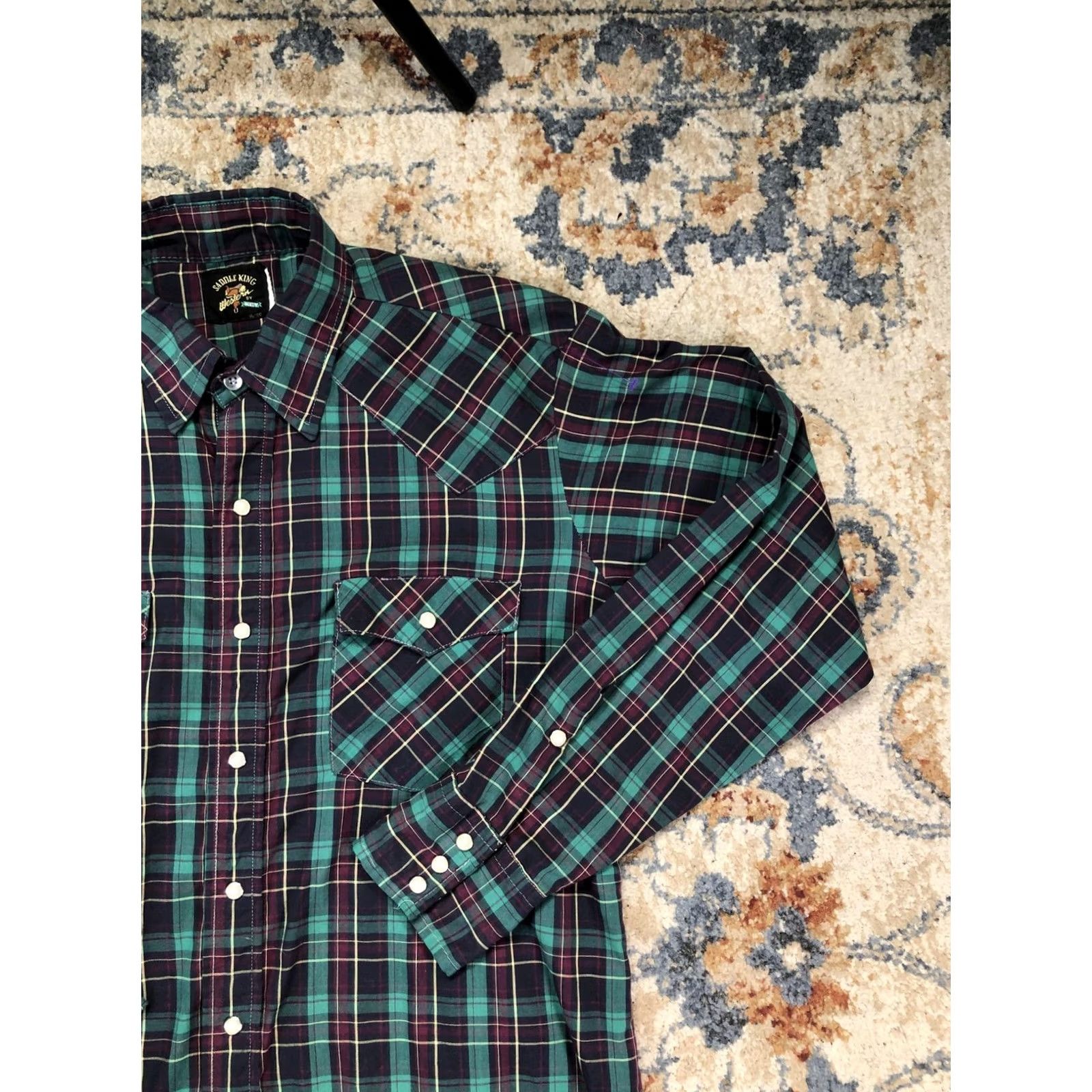 Vintage Saddle King Shirt Mens L Green Plaid Long Sleeve Western Pearl Snap Pockets Size US L / EU 52-54 / 3 - 4 Thumbnail