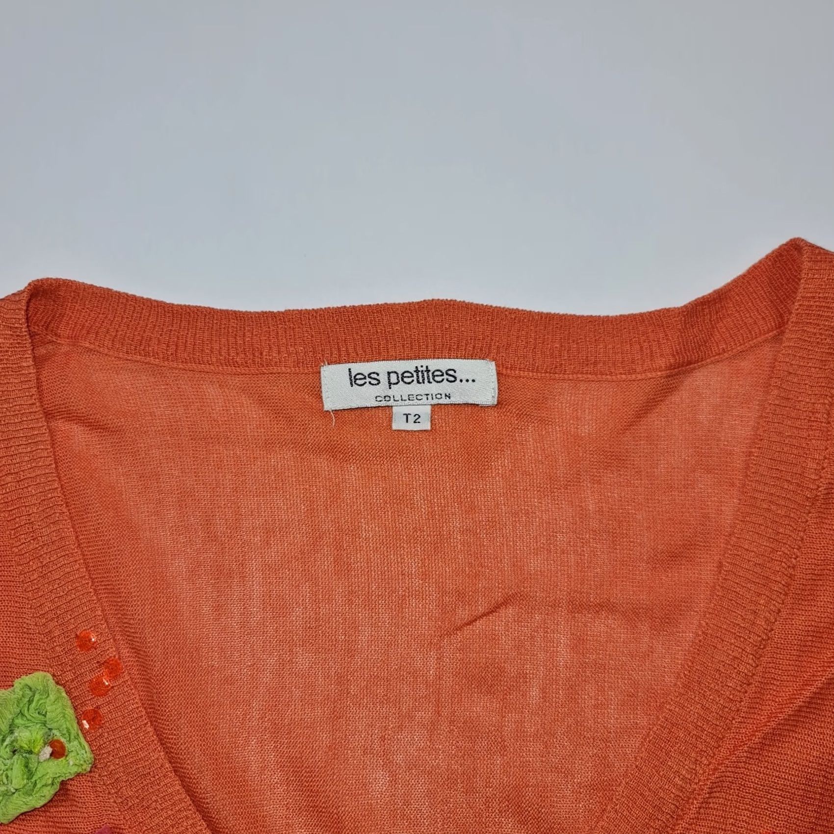 Vintage Les Petites Jumper Orange 10 UK V-Neck 3/4 Sleeve Silk Cotton Knit Pullover Top Womens Size L / US 10 / IT 46 - 4 Thumbnail